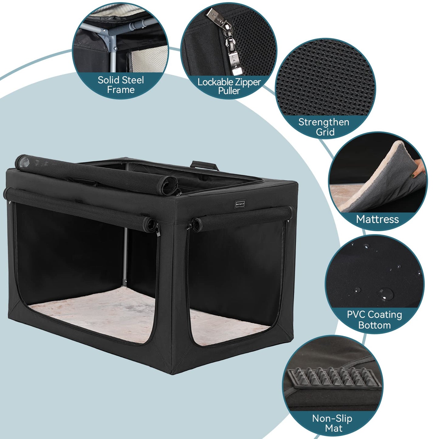 Petsfit Dog Crate, Sturdy Frame and Ventilation Mesh,Large Dog Crate for Car Travel,Fleece Mat Rolling Curtain Dog Carrier for Medium to Large Dogs
