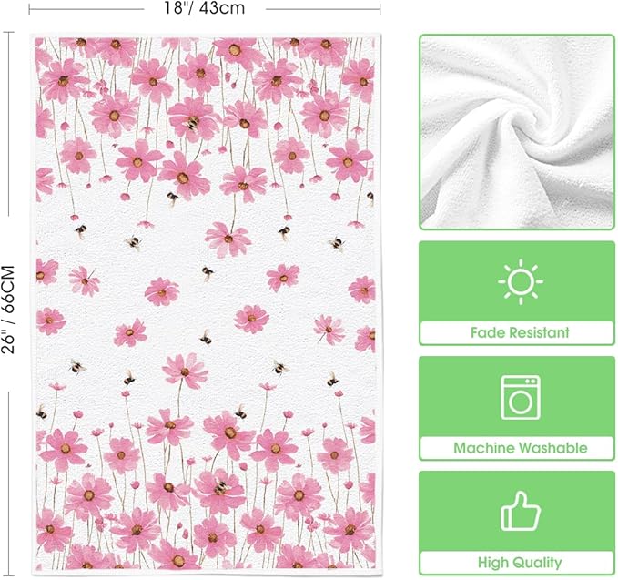 Artoid Mode Pink Flowers Bee Hello Sunshine Spring Kitchen Towels Dish Towels