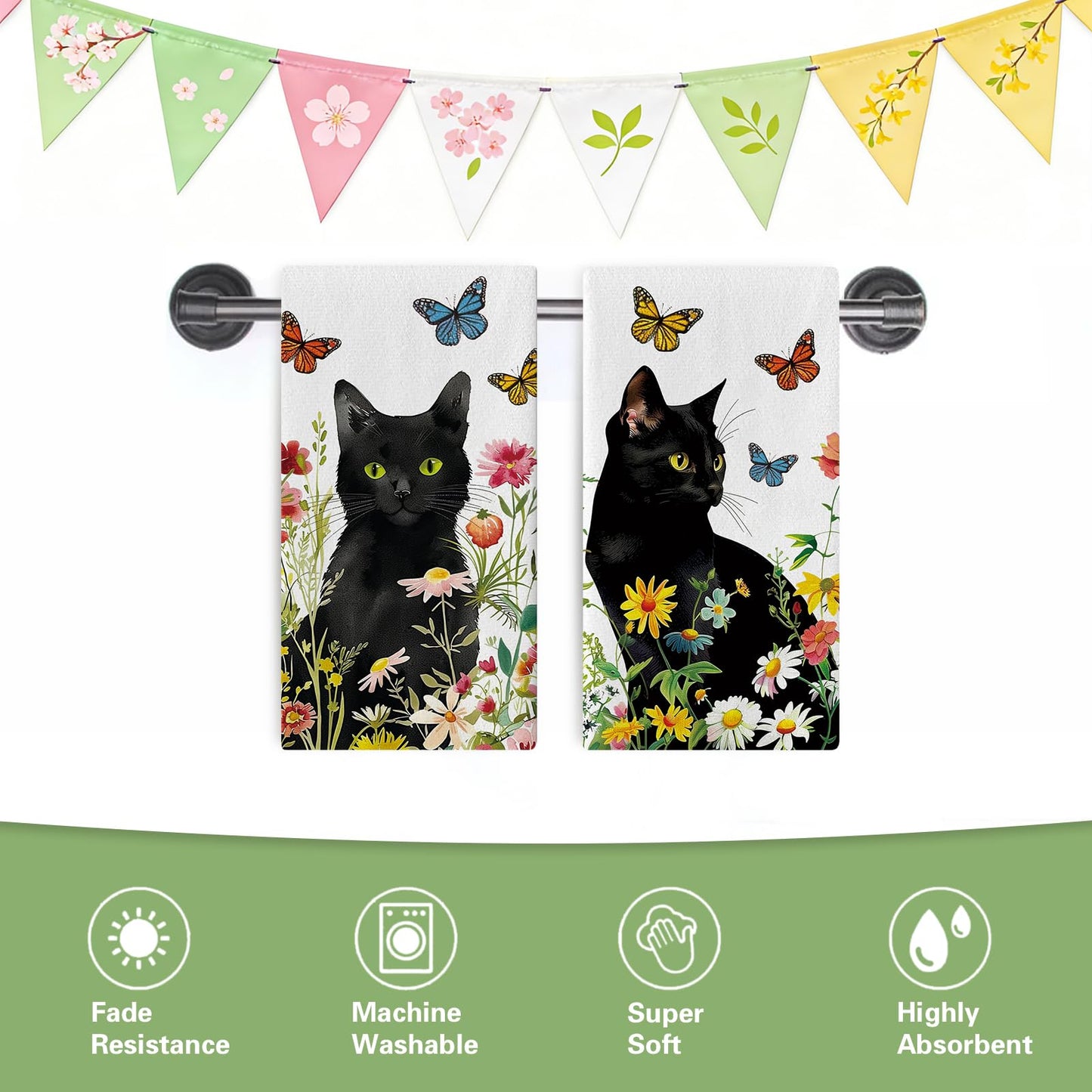 Croar Spring Summer Black Cat Floral Kitchen Dish Towels Set of 2, Daisy Flower Butterfly Drying Hand Towel Baking Cooking Cloth, Wildflower Bathroom Home Decoration Pet Cat Owner Lover Gift 18''x26''