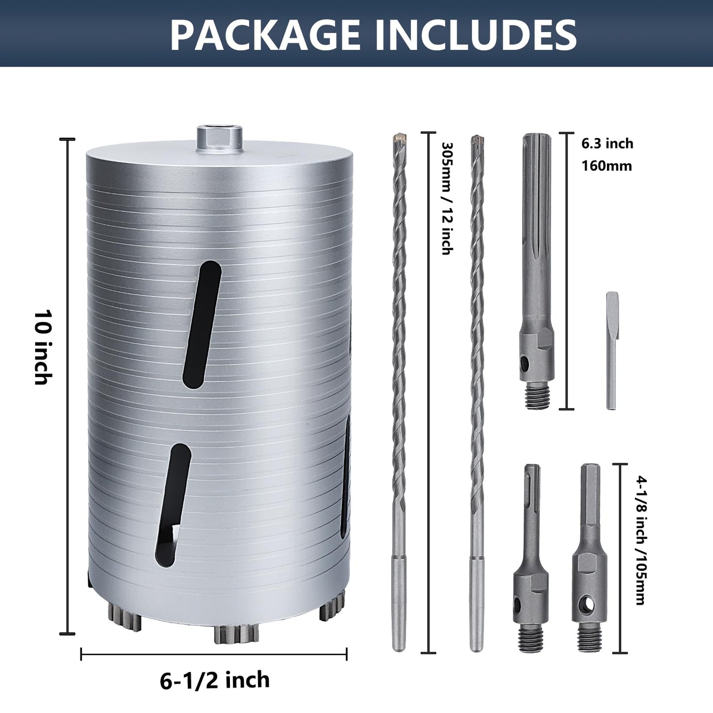 6-1/2 inch Diamond Dry Core Drill Bit, 10" Drilling Depth, 5/8"-11 Thread Core Drill Bit for Concrete Masonry Brick Block, Includes 3 Adapters SDS Plus, SDS Max and Hex (6-1/2 inch)