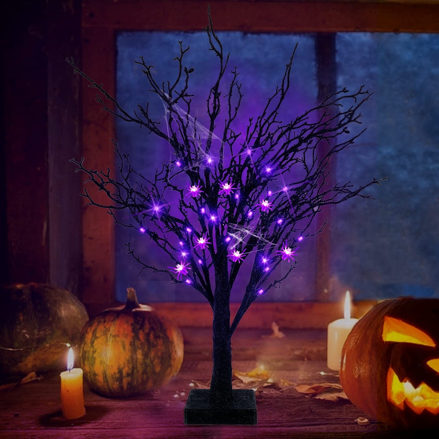 TURNMEON 2FT Prelit Halloween Black Tree Decor with Timer, 25 Spider & 24 Purple Lights Battery Operated Spooky Artificial Tree for Halloween Decorations Indoor Tabletop Fireplace Home Holiday Party