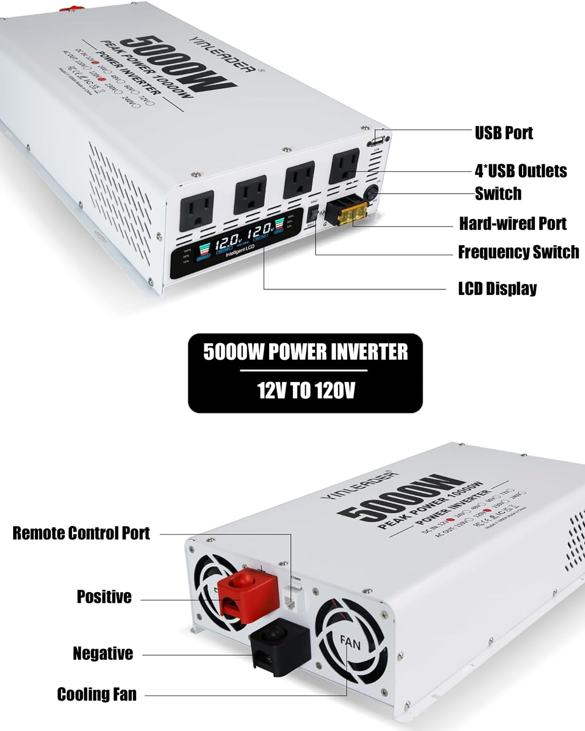 5000 watt Power Inverter 12V to 110V/120V, Solar Inverter Remote for RV Camping Off-Grid Solar Inverter Systems