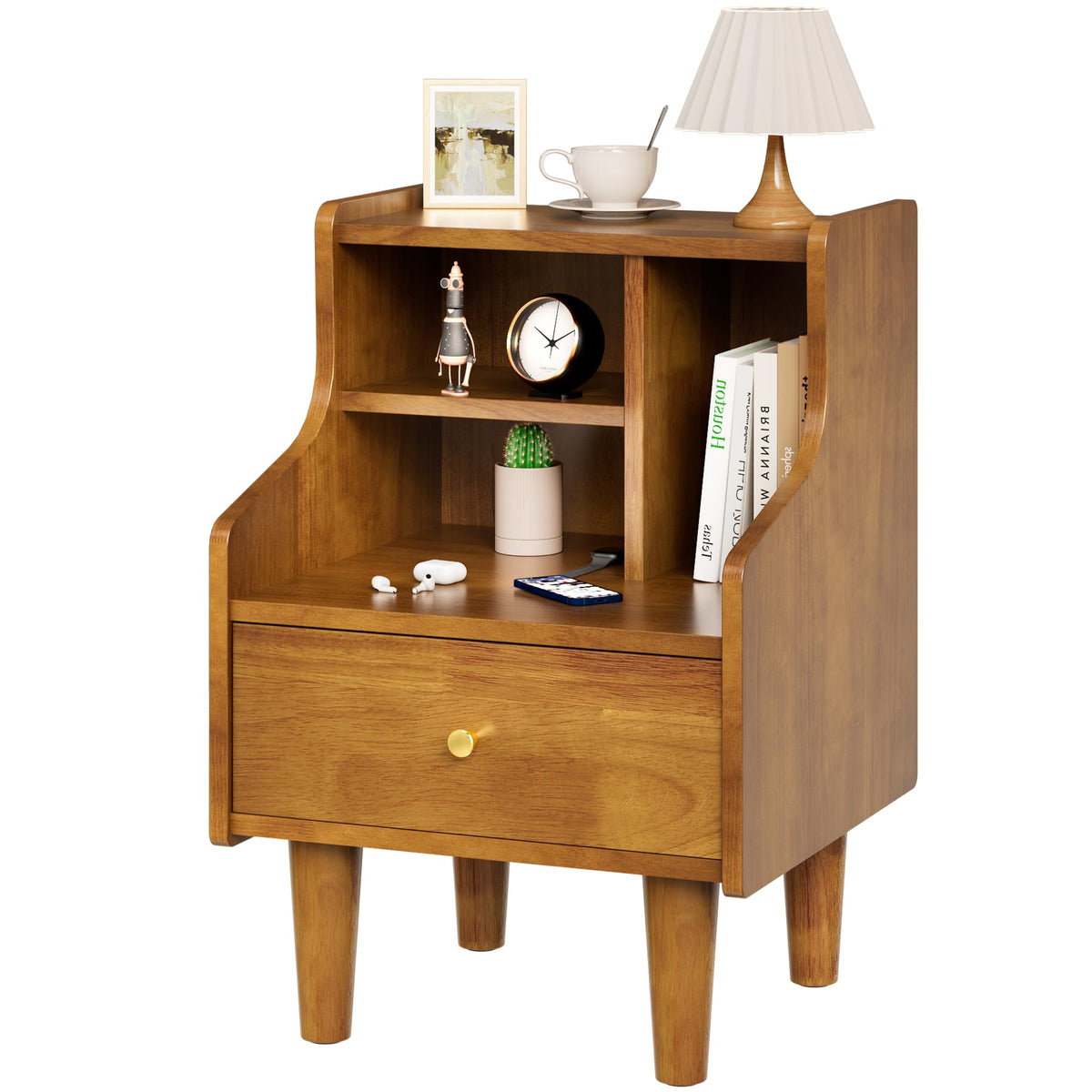 Solid Wood Nightstand, Walnut Bookshelf Nightstand with Open Storage Shelves, Mid Century Modern Night Stand with Drawer, Bedside Table for Bedroom