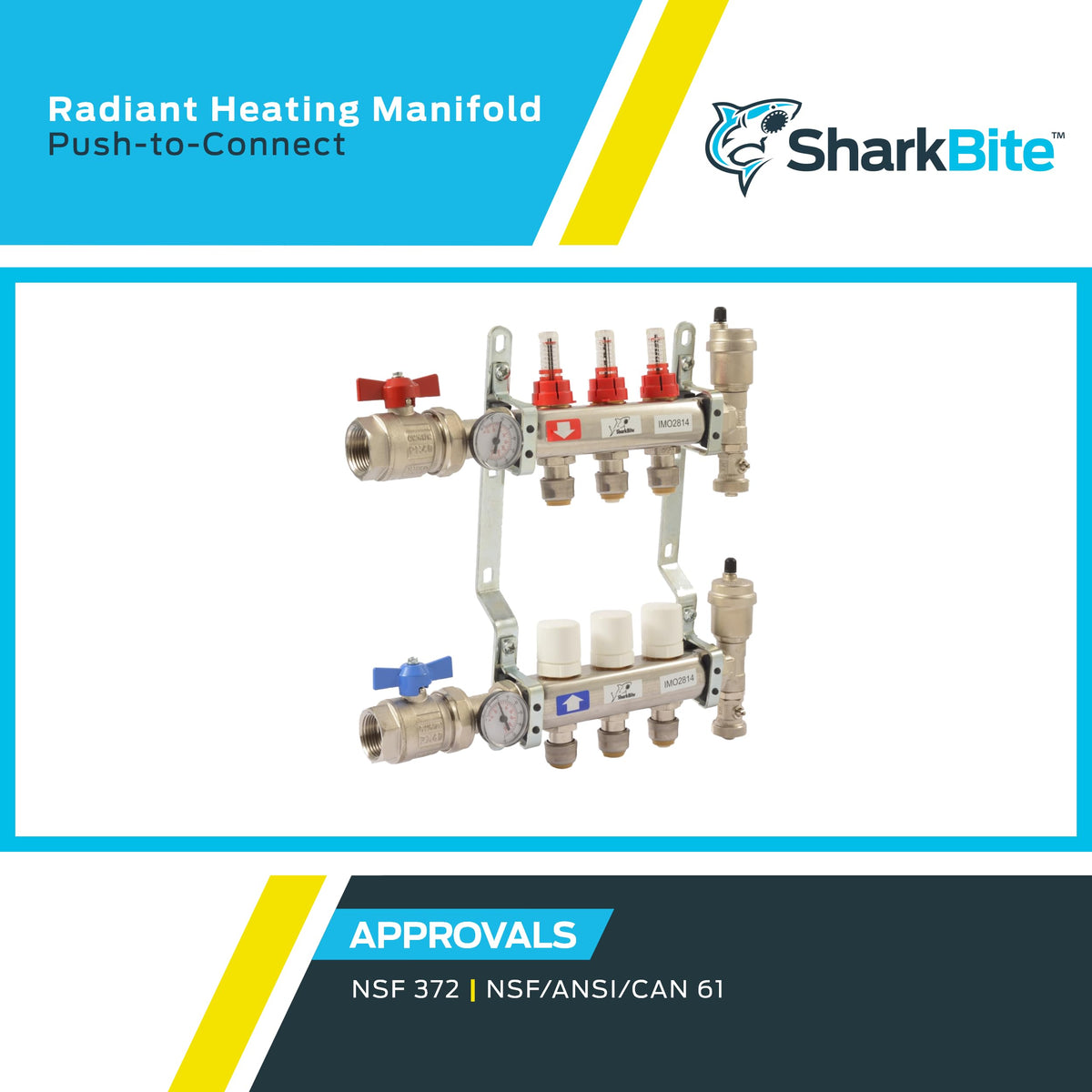 SharkBite 3 Loop Radiant Heating Manifold, Push to Connect Brass Plumbing Fitting, PEX Pipe, PE-RT, 24930