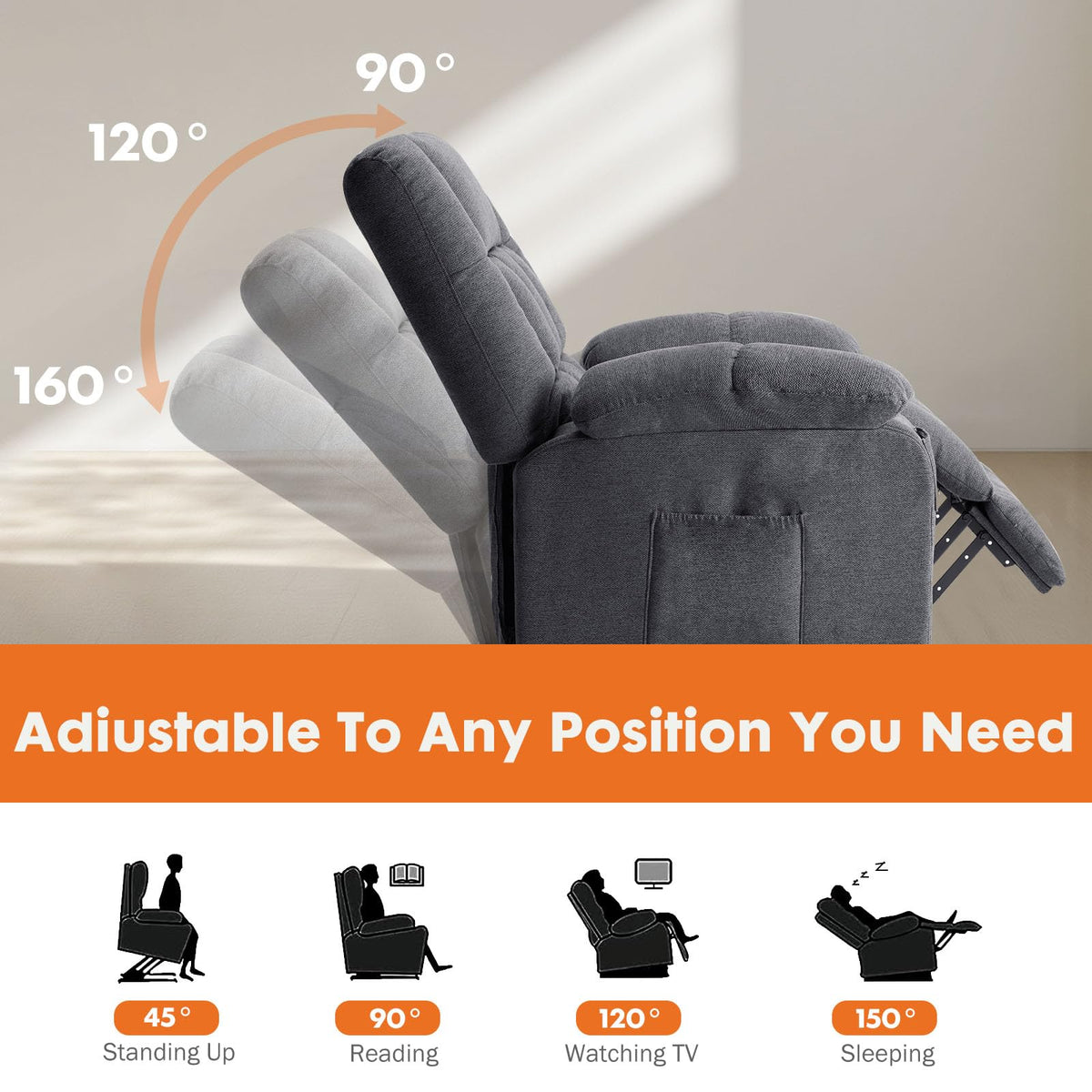 Sweetcrispy Power Lift Recliner Chair with Vibration Massage and Heat for Elderly, Ergonomic Overstuffed Breathable Fabric Reclining Chair with 3 Pockets, Remote Control, Living Room, Light Brown
