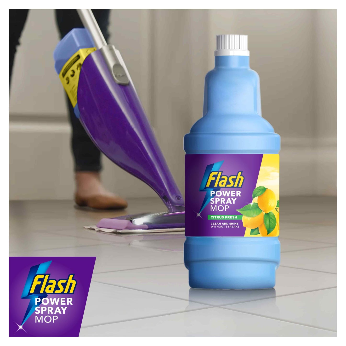 Flash Power Spray Mop Floor Cleaner Multi-Surface Cleaning Liquid Citrus Fresh 5L (1.25Lx4)
