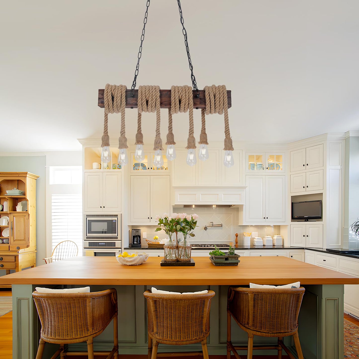 KEESFU Farmhouse Light Fixtures Rustic Chandelier,8-Light Kitchen Island Light Height Adjustable,Hemp Rope Pendant Light for Kitchen Dining Room Bar.