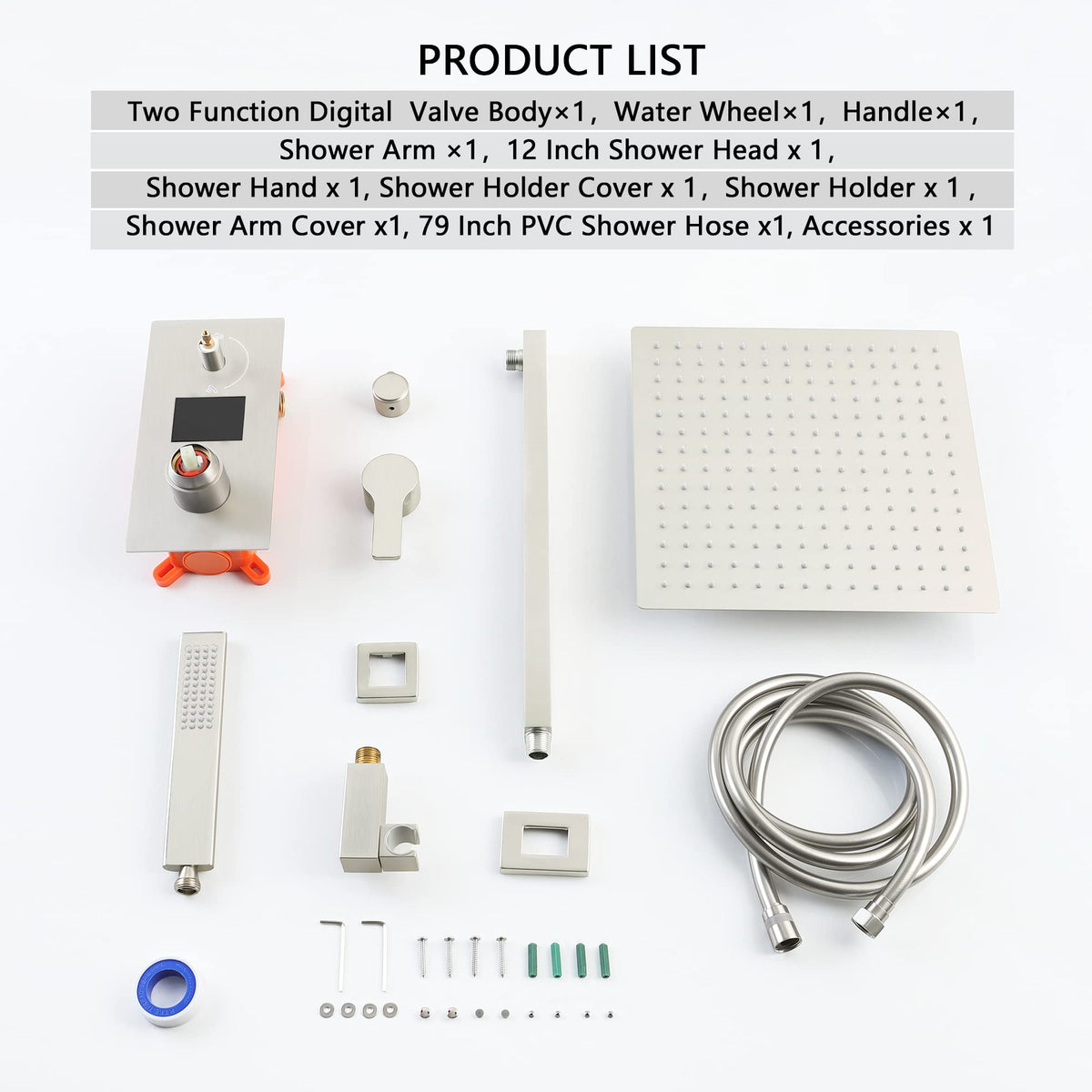 SKWOLL Shower Faucet Sets with Hydro Power Temperature Display, Brushed Nickel 12 Inch Shower Head Combo Kit, 2 Function Wall Mounted Shower Fixtures with Digital Shower Valve