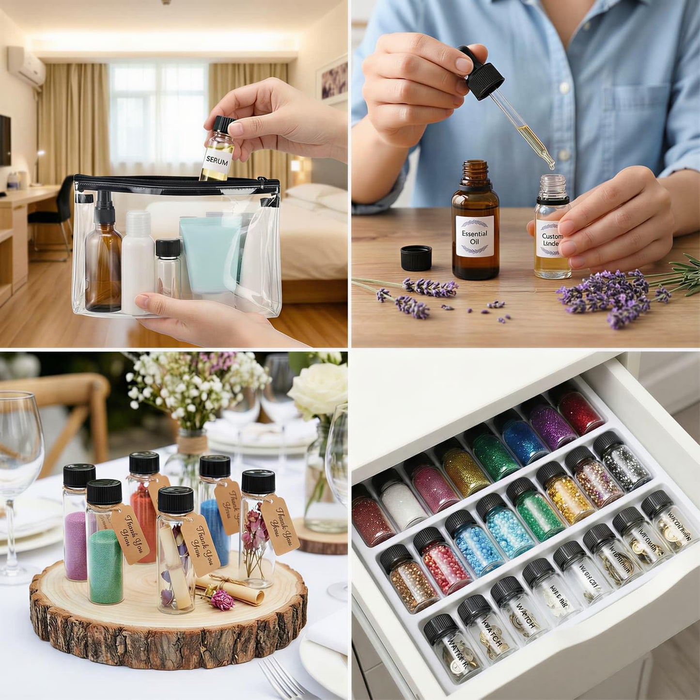 100Pcs 5ml 1Dram Glass Bottles with Black Caps - 1/6 oz Small Travel Vials for Essential Oil Blends, Serums & Cosmetic Samples - Refillable Clear Empty Jars for Wedding Favors, Potions, and Art Crafts