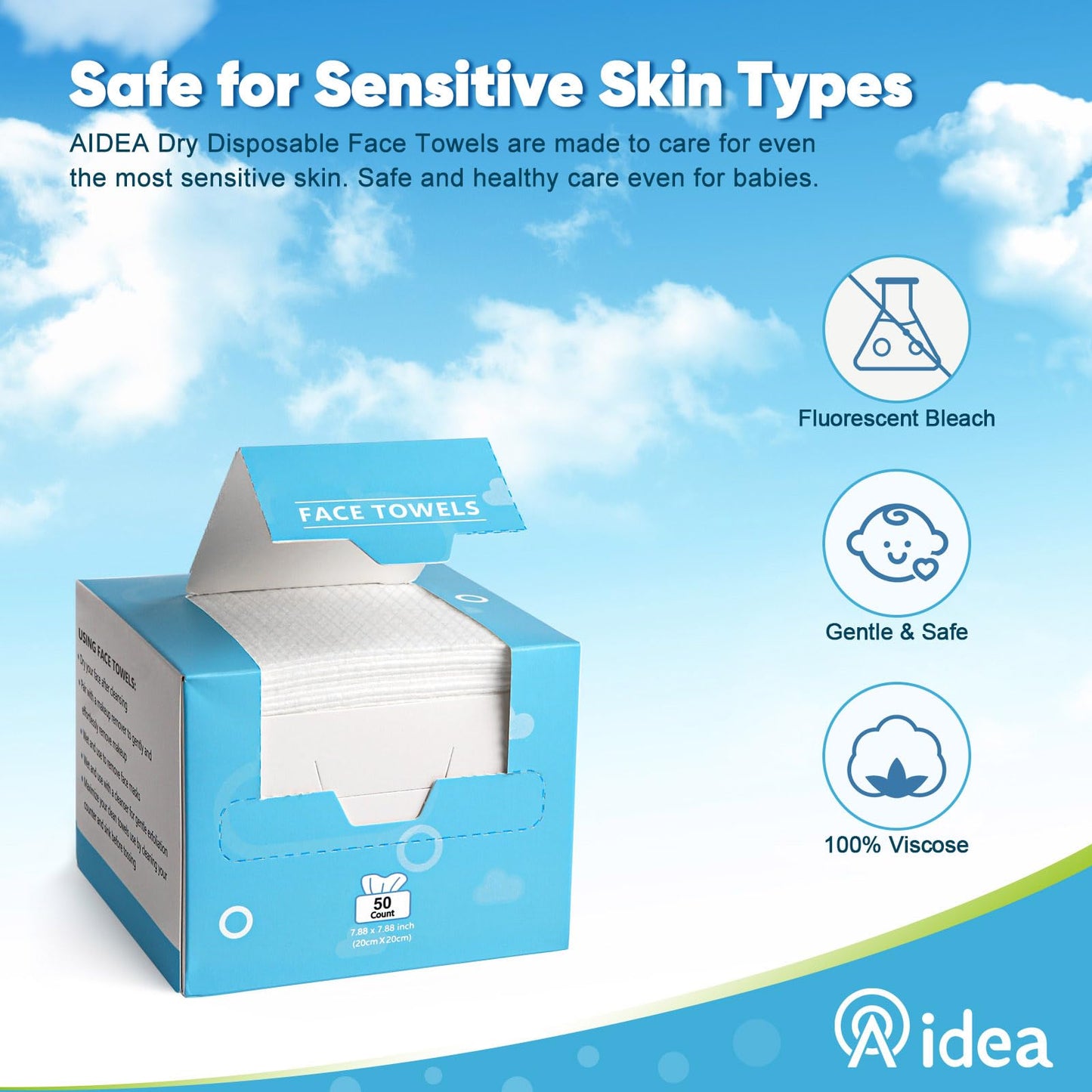 AIDEA Face Towels Disposable-200Ct (4 Box), Clean Facial Towels, Facial Cleansing Wipes for Sensitive Skin, Face Towelettes for Makeup Removing, Nursing, Travel, Dry Wipes