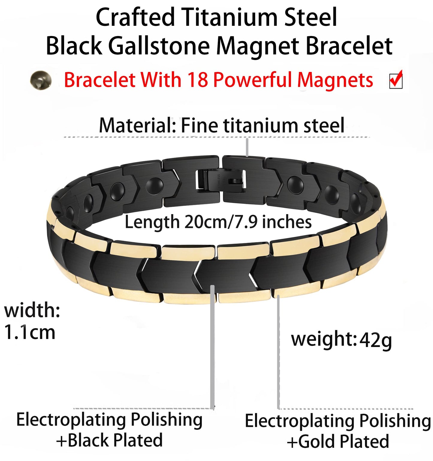 EUMENIDES Magnetic Bracelet, Titanium Steel Magnetic Bracelet, Anti-Static, (Black Gold)