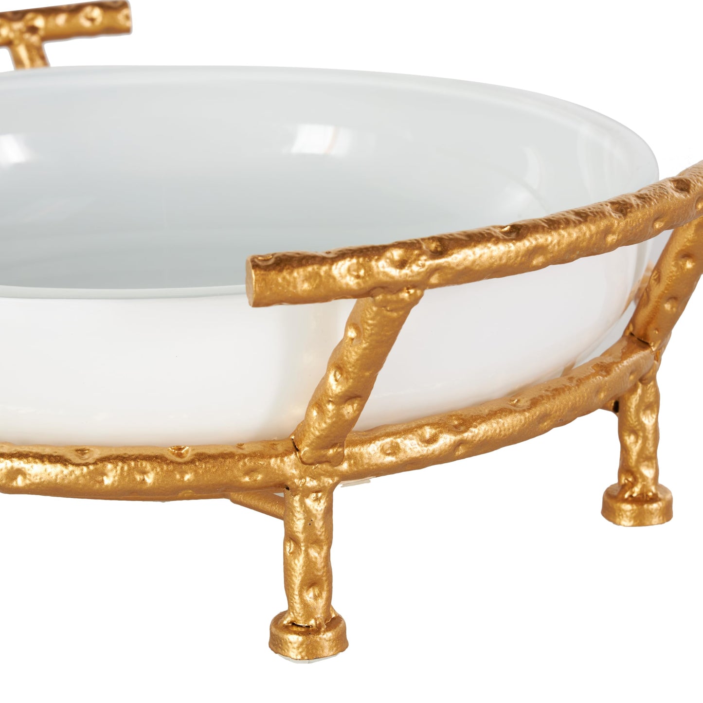 Deco 79 Tempered Glass Kitchen Serving Bowl with Gold Metal Stand, 15" x 12" x 5", White