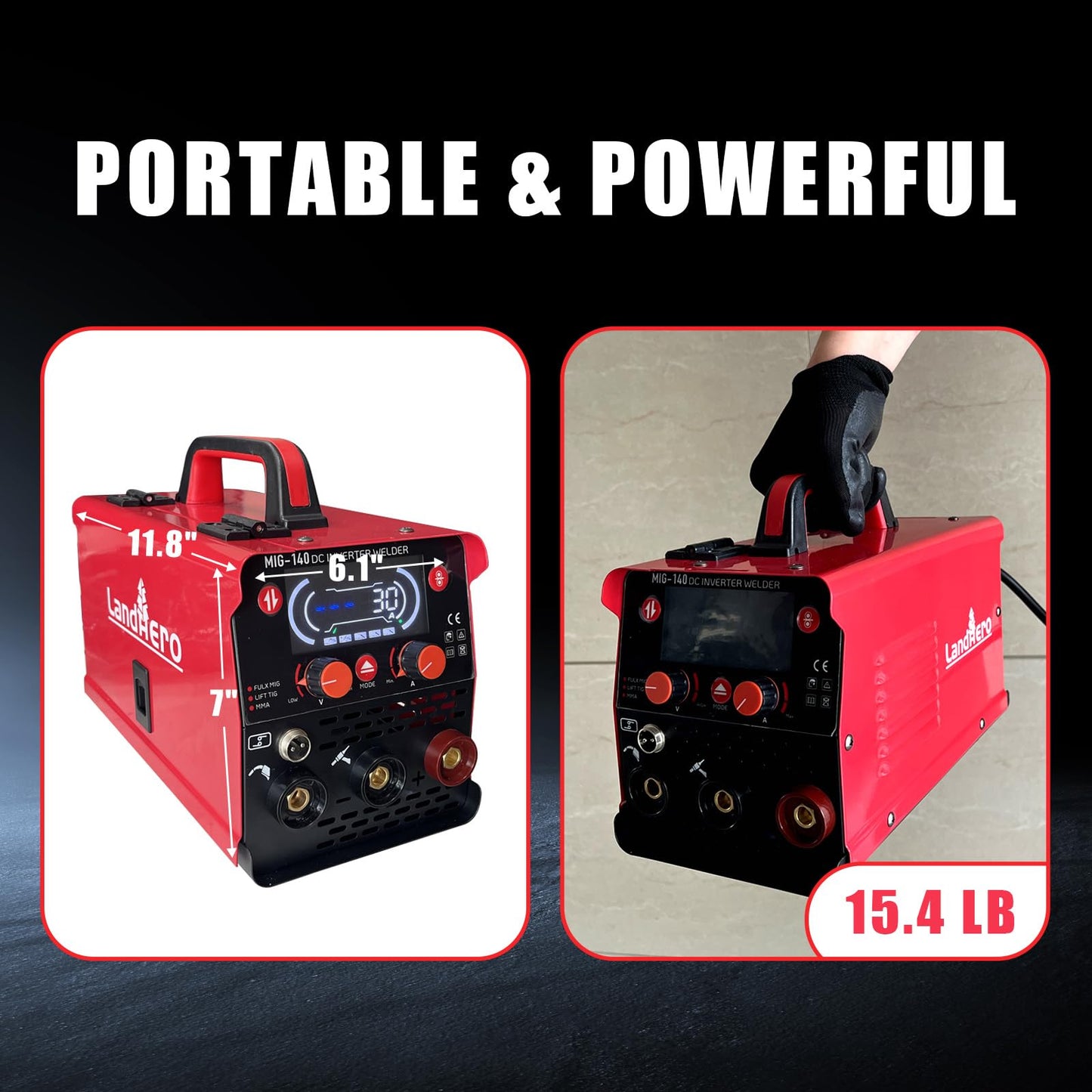 Landhero140A Inverter Welding Machine, Multi-Process Flux MIG/Lift TIG/MMA Welder with Synergic MIG Control, Supports AWS Electrodes -Ideal for Assembly, Repairs & Field Operations