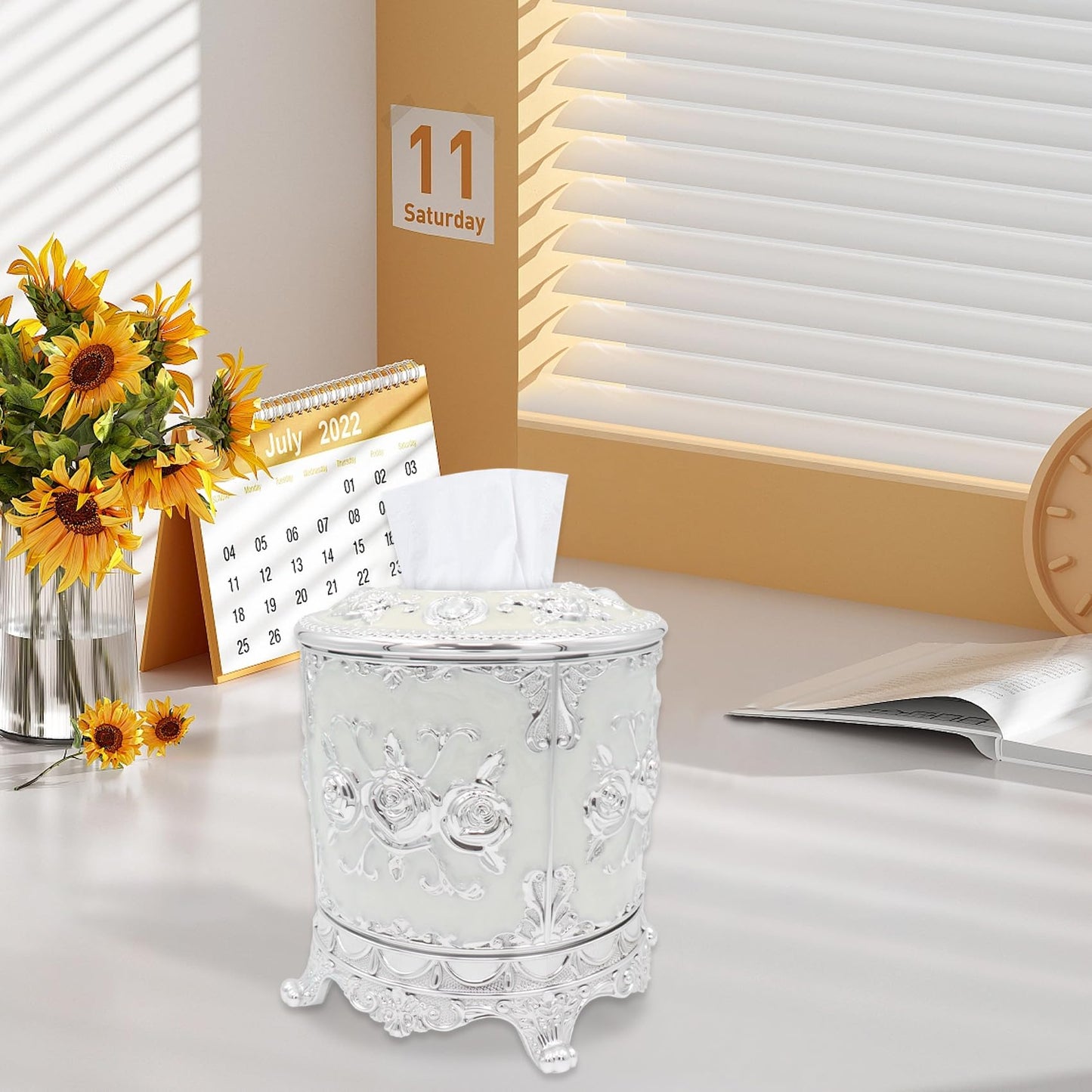 Geesatis Tissue Box Cover, Cylindrical Tissue Box Holder, Napkin Facial Tissues Holder for Bathroom Toilet Bedroom Living Room Table Desk Office Dresser, 1Pcs Silver 6.5''x6.1''
