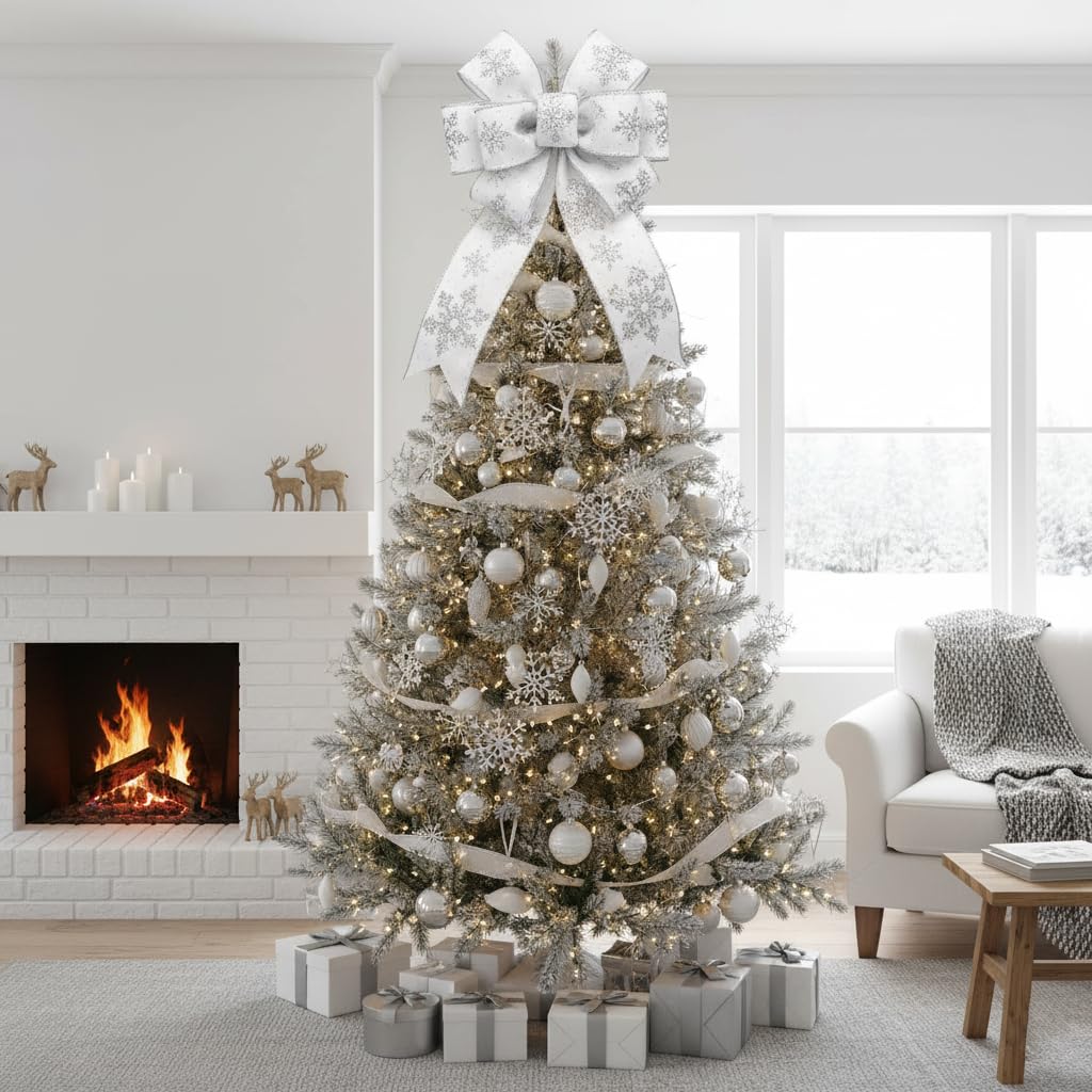 CT CRAFT LLC White Satin with Silver Snowflake Wired Ribbon 2.5 Inch x 10 Yards for Christmas Home Decor Tree Topper Bow Gift Wrapping DIY Crafts Wreath Garland
