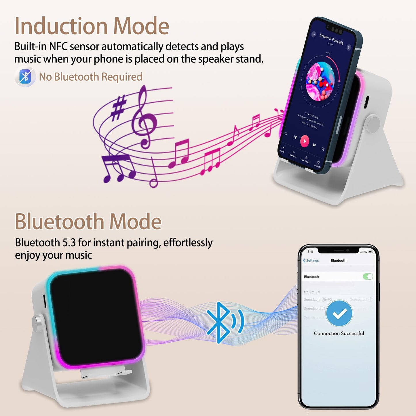 Wireless Induction Speaker 5-in-1 Bluetooth Speaker with Phone Holder, Surround Sound, 3500mAh, 8 RGB Ambient Lights, 360ยฐ Adjustable Stand, Holder for iPhone/Android/iPad Gifts for Men Women (White)