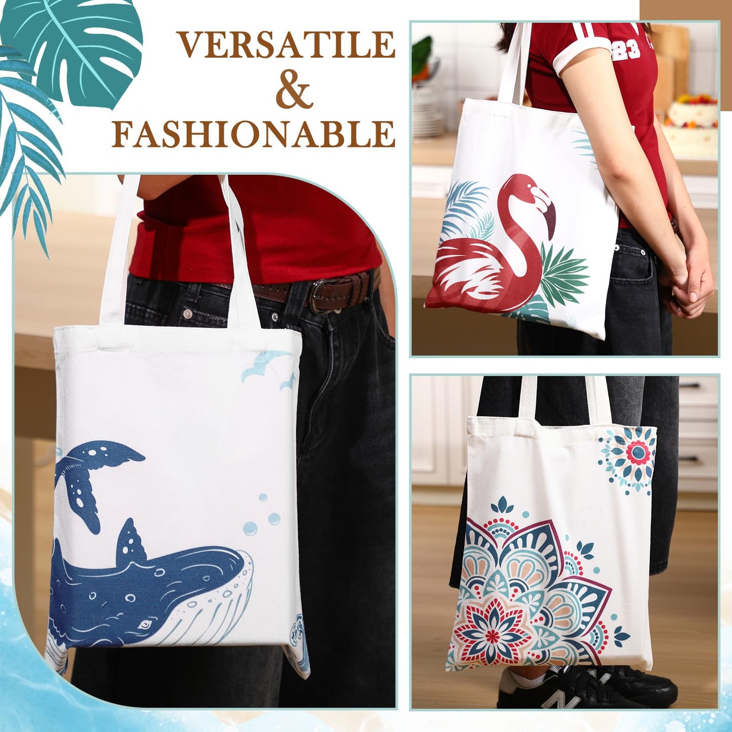 SATINIOR 10 Pcs Beach Theme Canvas Totes Bags Gifts Shopping Bags Reusable Grocery Handbags for Women Travel Cruise Wedding(Vertical Style)