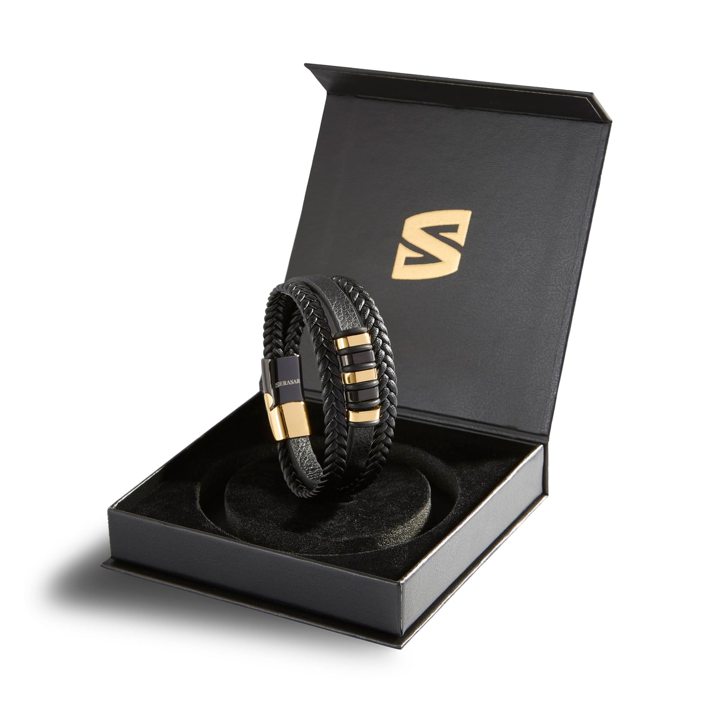 SERASAR Leather Wristbands for Mens 23cm Gold Bracelet GiftBox Genuine Cowhide Braided AdjustAble Magnetic Clasp MultiLayer Wrap Mens Bracelets Band Jewelry Magnet Accessories