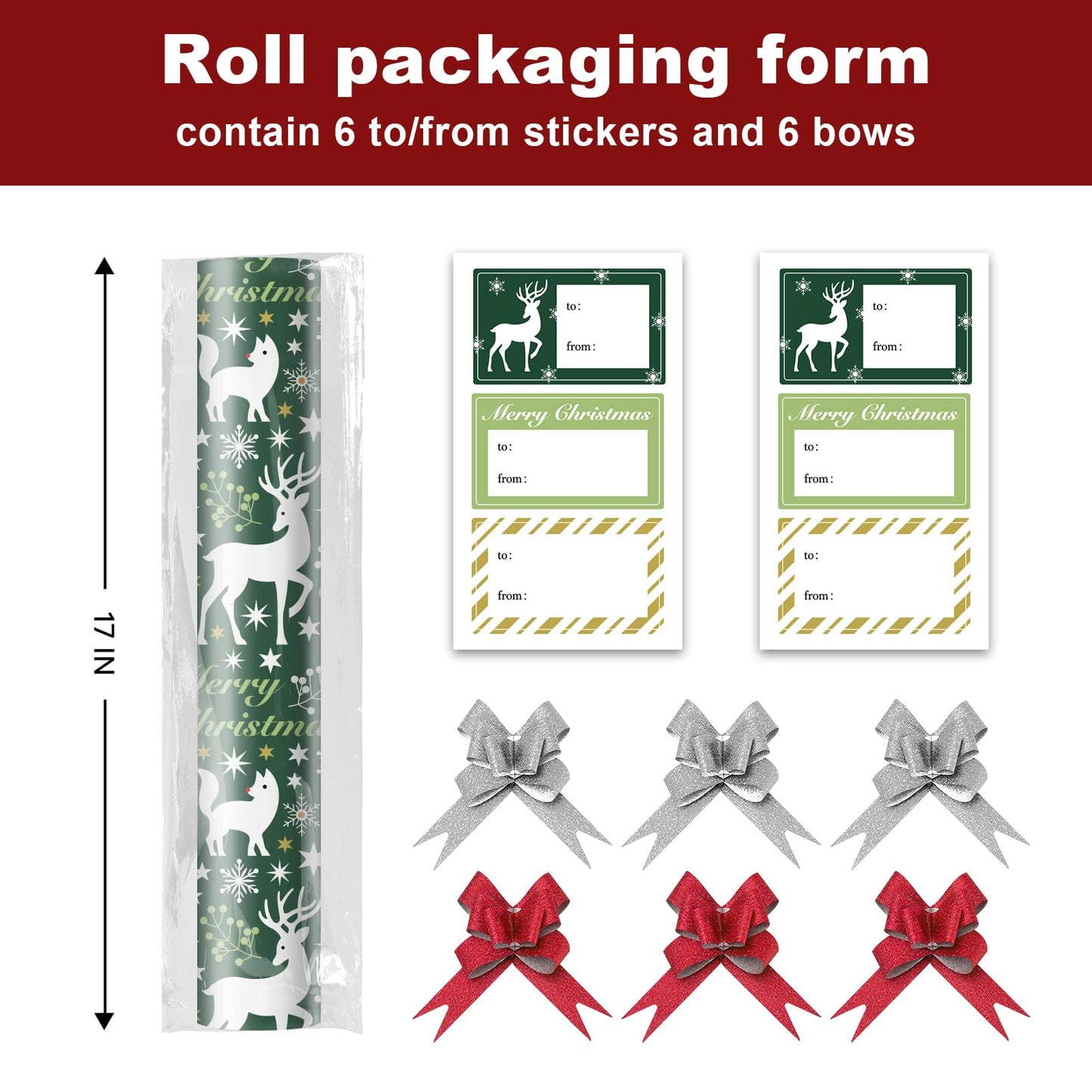EWES Green Christmas Wrapping Paper Rolls, Matte Elegant Heavy Duty Premium Gift Wrap, Aesthetic Pattern with Christmas tree, Reindeer and Fox, Reversible, Total 48.6sq.ft