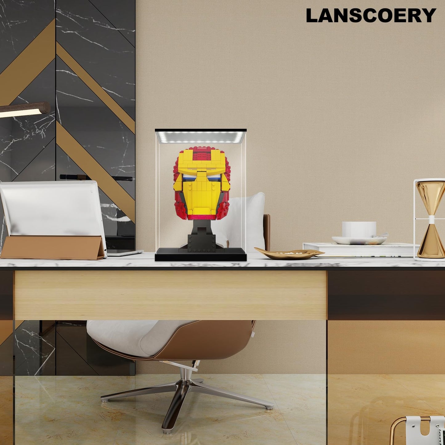 LANSCOERY Acrylic Display Case with Light, 9.8x9.8x13.8 in LED Display Case with 15mm Raised Base, 3mm Clear Panels, 3-Color Dimmable Lighting for Collectibles and Action Figures