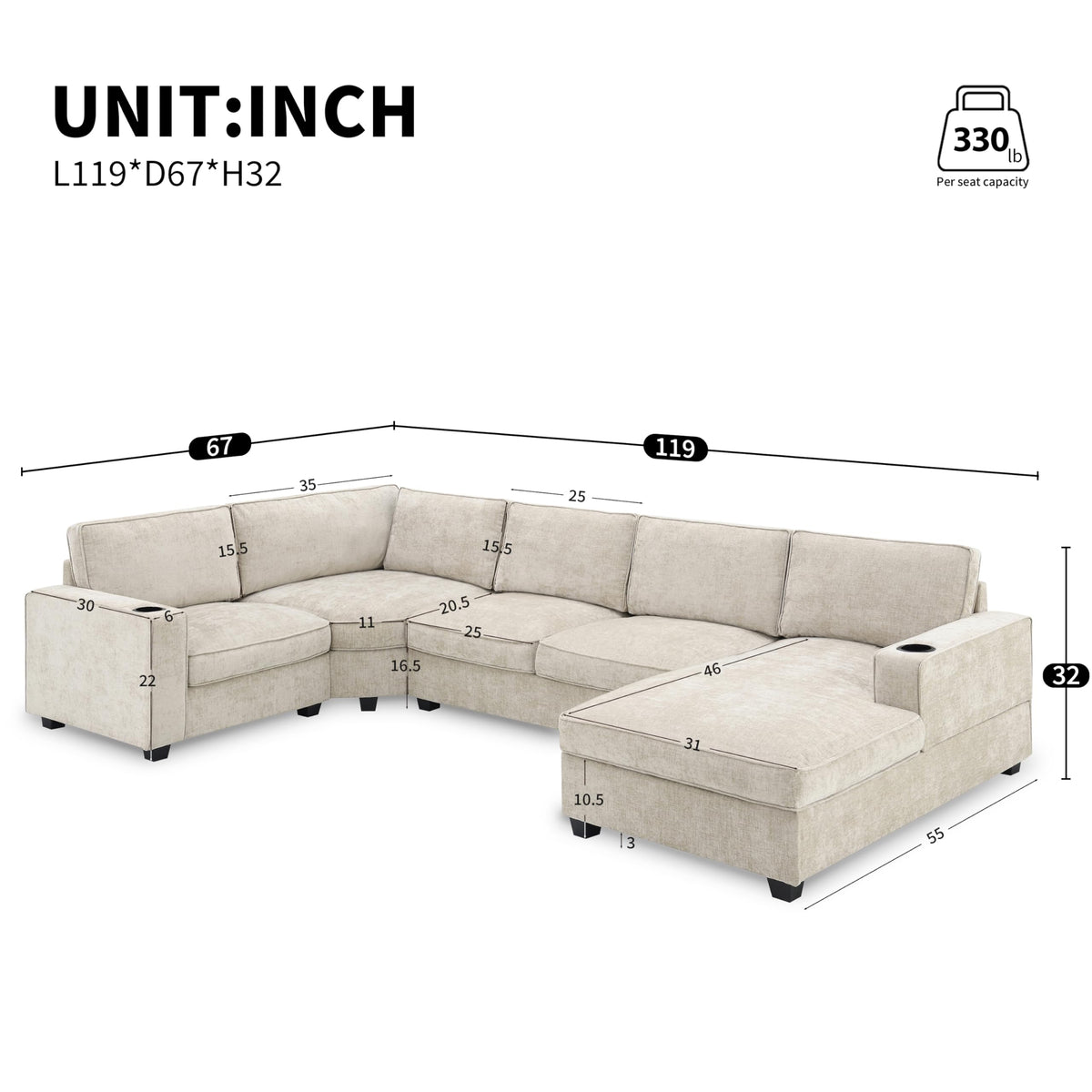 Merax Modern Oversized U-Shaped Sectional Sofa with Cup Holders & Chaise Lounge, Chenille 6-Seat Couch Set Sleeper Bed with Deep Seat Beige