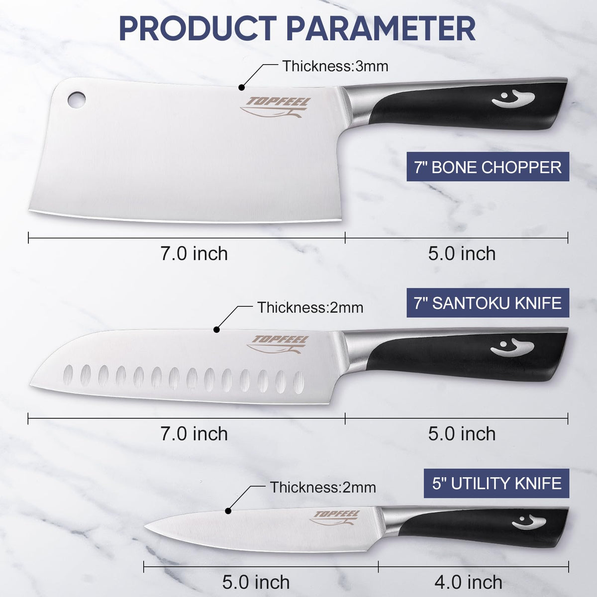 Topfeel Butcher Knife Meat Cleaver Set 3Pcs-7" Heavy Duty Bone Chopper& 7" Santoku Knife& 5" Utility Knife, German Stainless Steel Chef Knives Set for Kitchen Home Gift