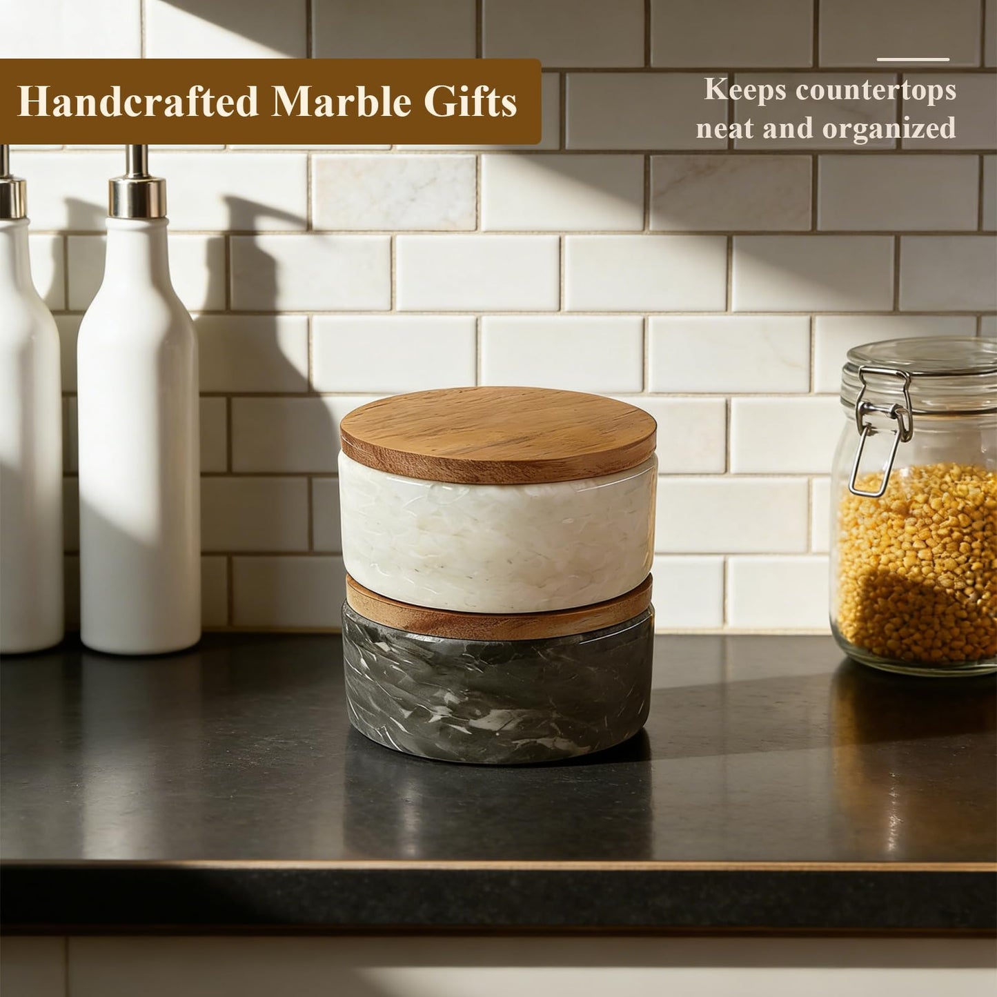 ZJSYTQS White Marble Salt cellar. Spice jars with Acacia Wood Lid and Spoon, Elegant Modern Handcrafted Container for Countertop