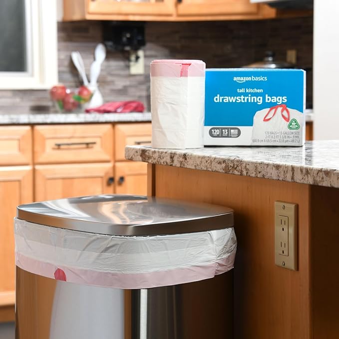 Amazon Basics 13 Gallon Tall Kitchen Drawstring Trash Bags, 10% Post Consumer