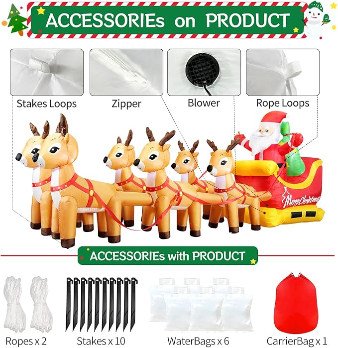 DomKom 13.6 FT Christmas Inflatable Outdoor Santa Claus on Sleigh with Six Reindeer, Building LED Lights, Blow Up Yard Decoration for Party Garden Lawn Winter Decor