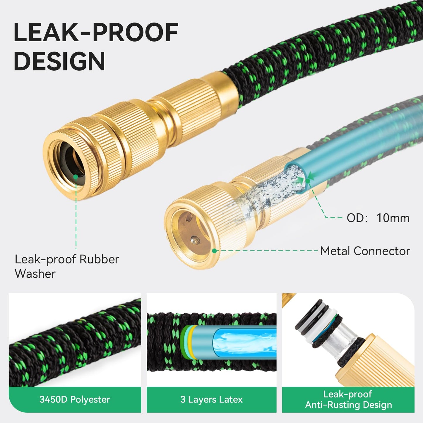 100FT Garden Hose – Upgraded 3-Layer Latex, No-Kink Expandable Water Hose with 3/4"& 1/2" Metal Connectors, 10-Function Spray Nozzle, Flexible Hose Pipe for Gardening, Washing & Cleaning