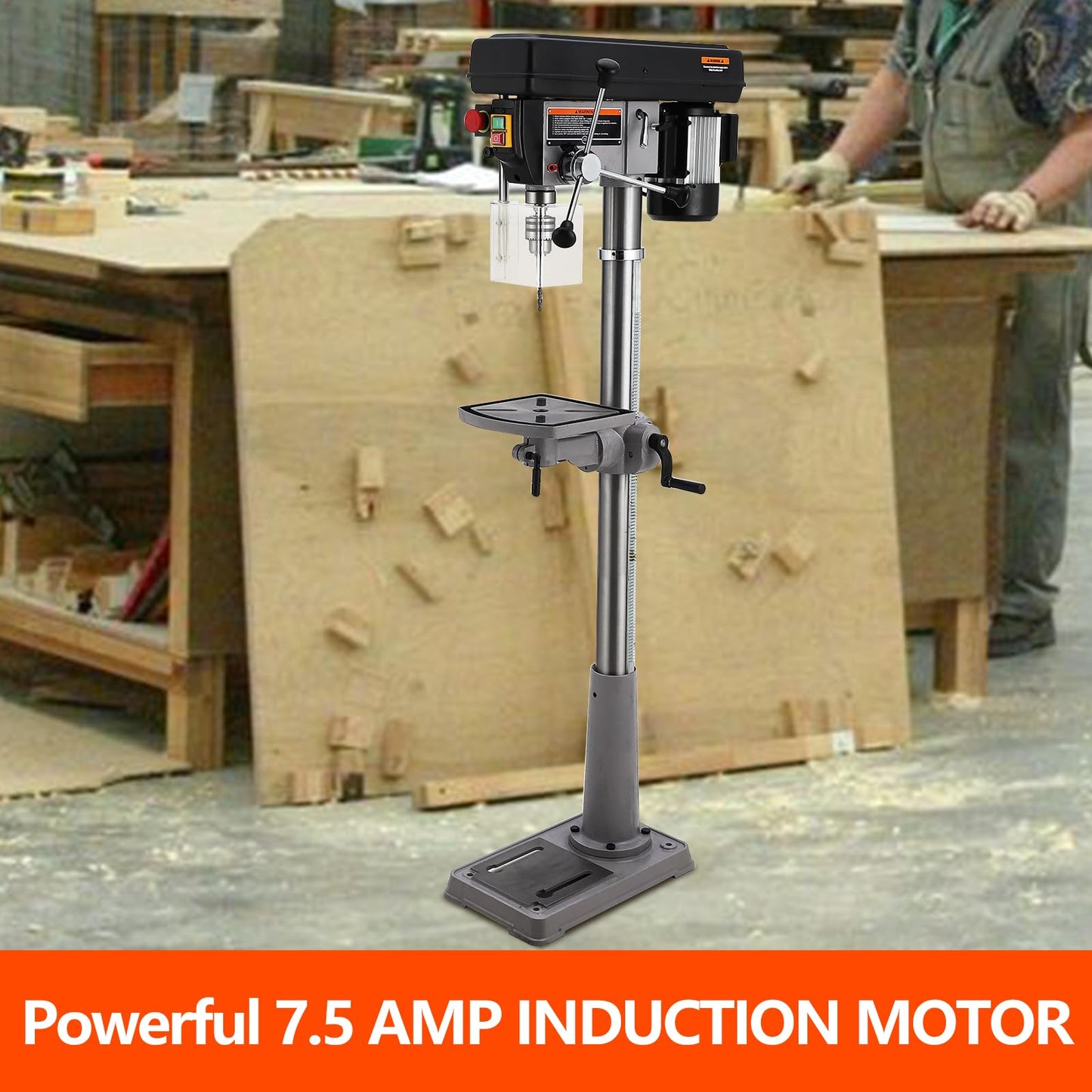 13 in Floor Drill Press, 7.5 Amp 120V Pure Copper Motor with Swing-away Safety Guard, 288-3084 RPM Variable Speed, 0-45°Tilting Worktable, Tabletop Drilling Machine for Wood Metal