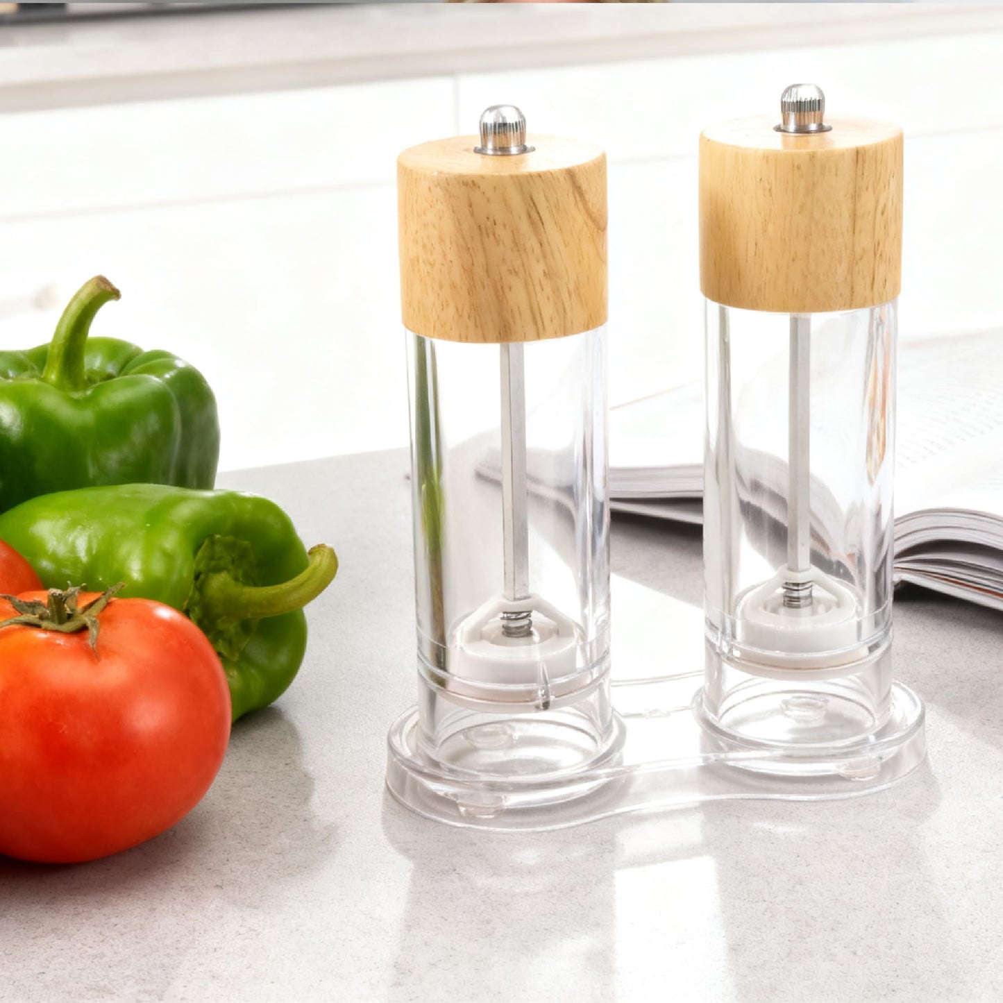2 Pack 6'' Acrylic Salt and Pepper Grinder Set with Wood Base, Manual Pepper and Salt Mills with Adjustable Ceramic Core (Oak Wood)