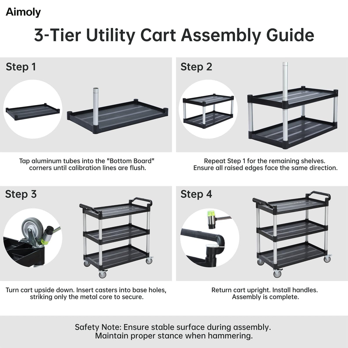 Aimoly 3-Tier Rolling Utility Cart with Wheels, 540 lbs Capacity Service Cart, Commercial Kitchen Cart with 4 Lockable Swivel Casters for Restaurant/Home/Warehouse/Office (40 x 20 x 38 in)