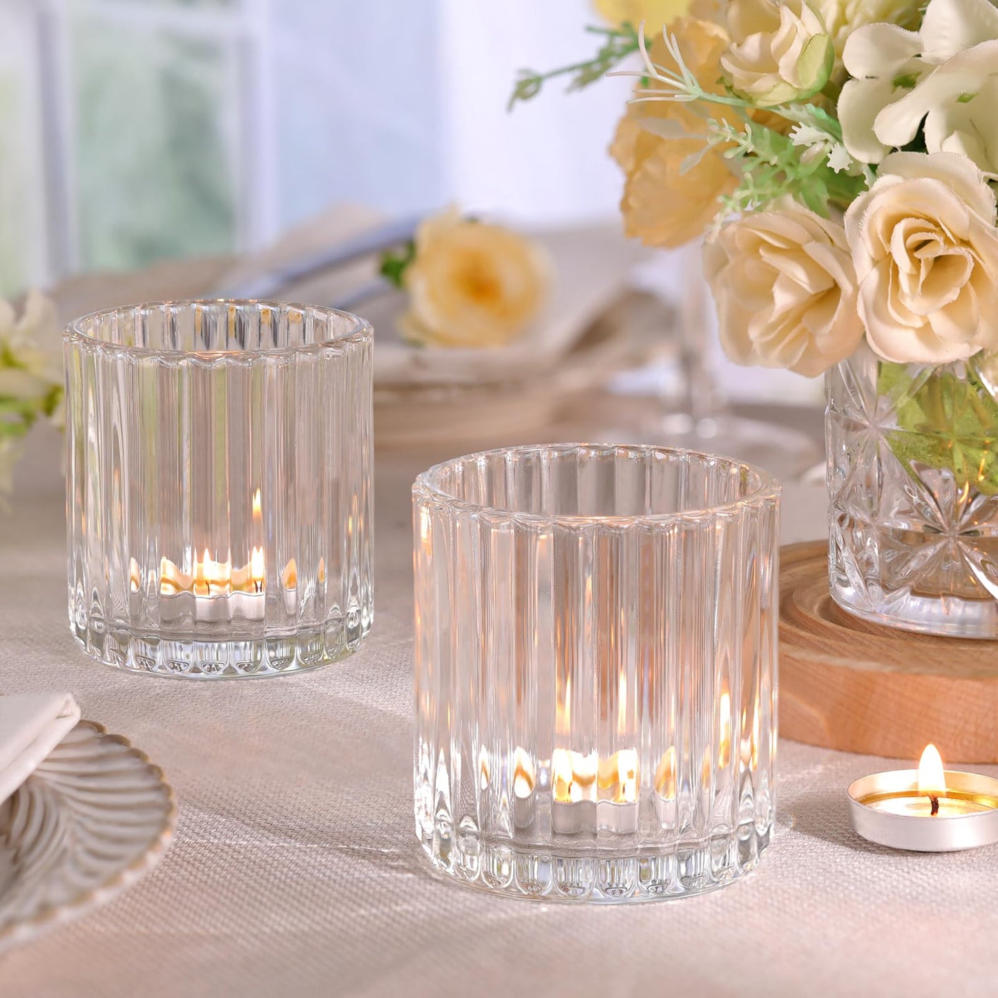 Lanttu 8 Pcs Glass Large Votive Candle Holders, 2.89 * 3.08in Tea Lights Candle Holders for Wedding Table Centerpieces, Boho Home Dinner Birthday Party Decor, Bridal Shower Holiday Decorations