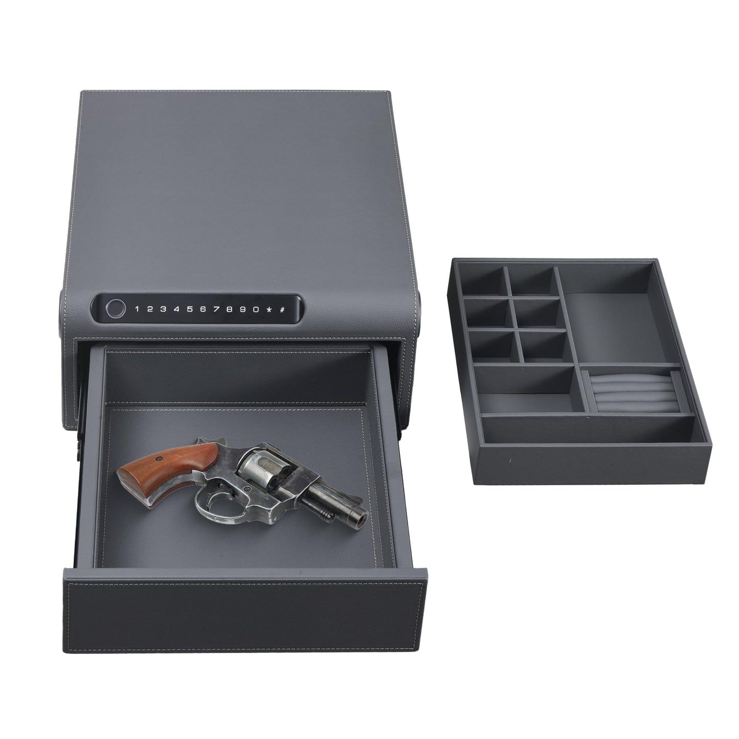 VALINIRT Jewelry Safe with Drawers,Biometric Fingerprint safe, Slide-Away Handgun Safe for Pistols, Leather Wrapped Jewelry Storage Safe, Digital Keypad & Quick-Access Drawer (Grey- 1 Drawer)