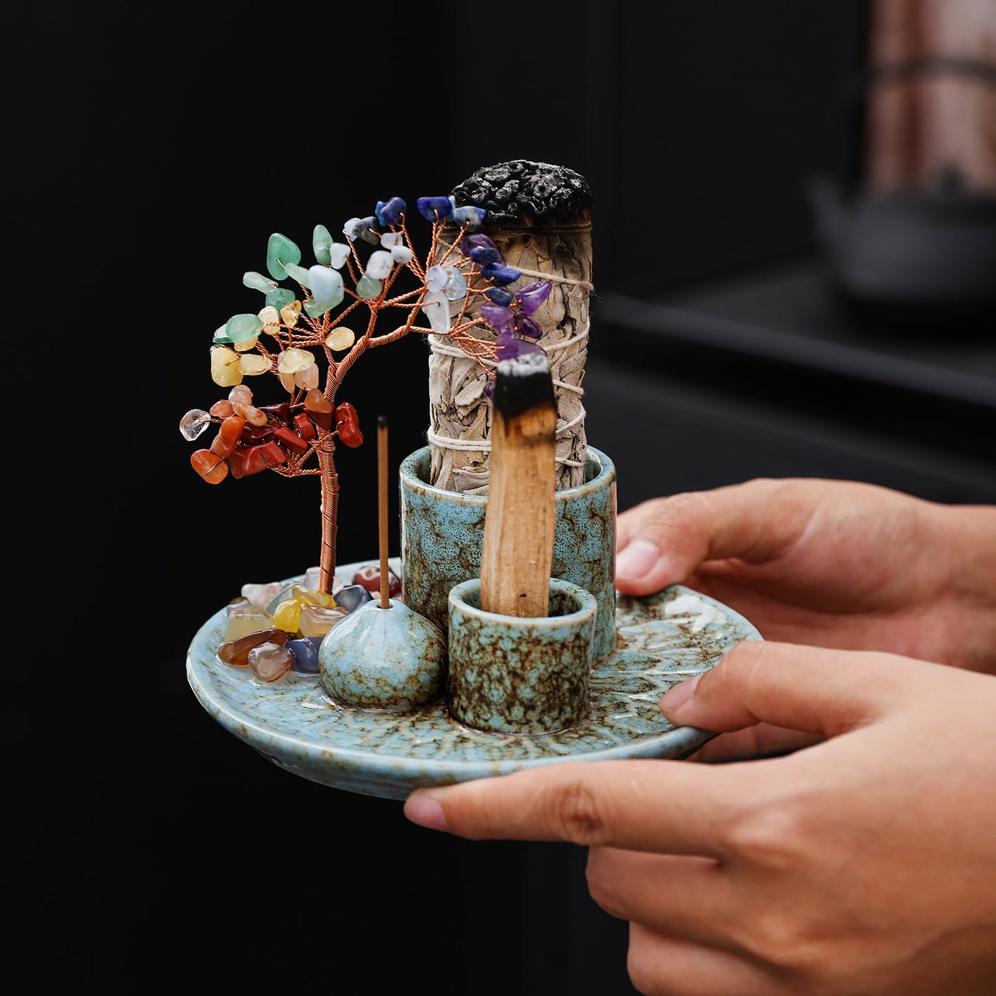 5 in 1 Incense Burner Holder with Crystal Healing Tree, Palo Santo Holder, Sage Holder, Incense Holder for Sticks/Cones/Candles, Ceramic Tray Ash Catcher for Burning Incense, Meditation Gift