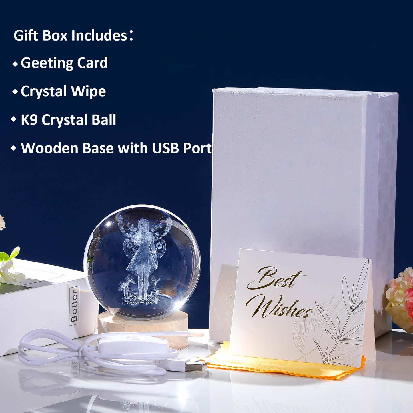 Arikyrist 3D Crystal Ball Lamp with Fairy Figurine and Wooden Base, Laser Engraved Crystal Sphere Night Light and Home Decor Gift