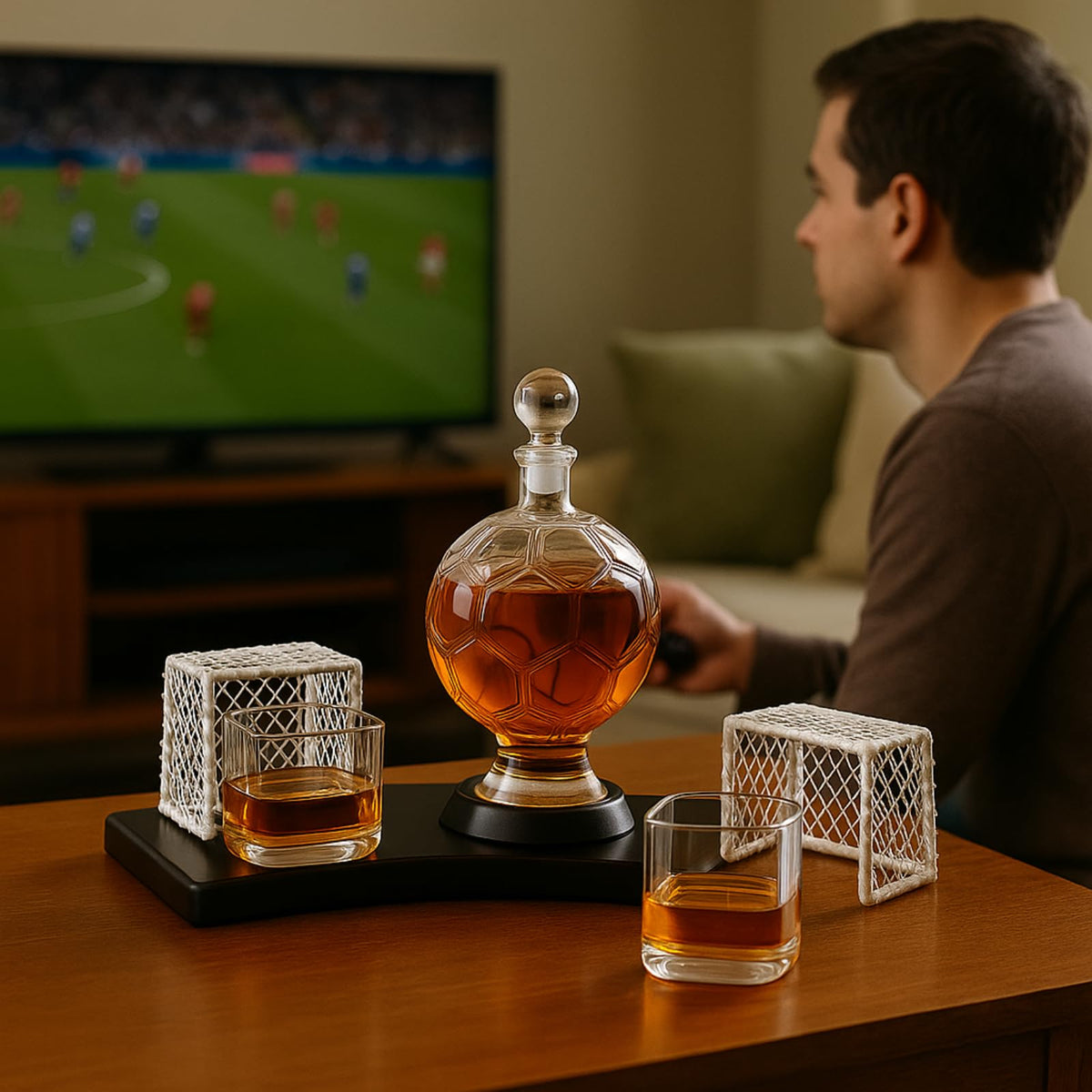 Soccer Whiskey Decanter Set with 2 Glasses & Goal Holder – Football-Shaped 25.9 oz Liquor Decanter Gift Set – Barware for Bourbon, Scotch, Rum – Unique Gift for Men, Sports Fans, Coaches