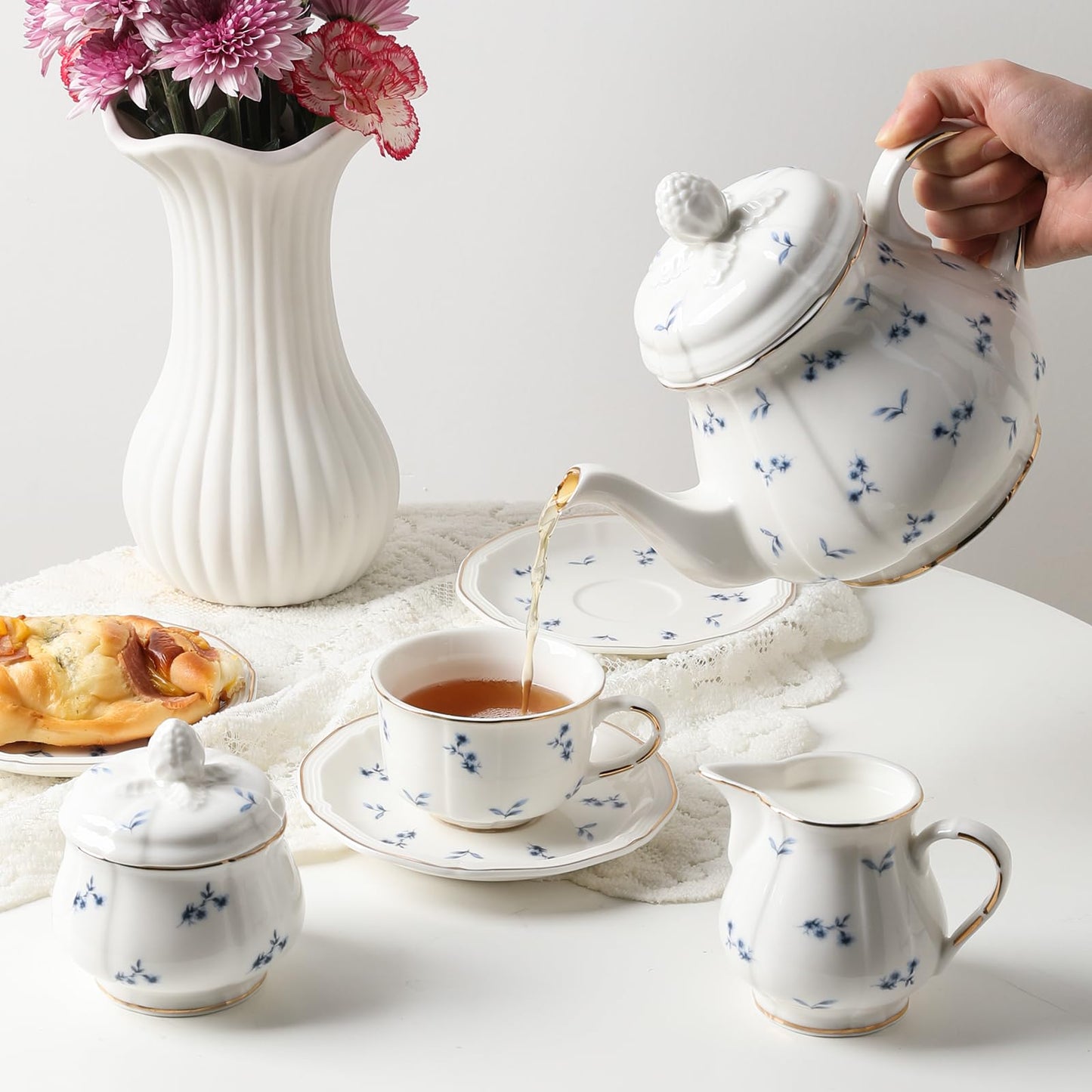 Sweejar 23 Pcs Floral Tea Sets with Metal Holder, Relief Gold Rim Porcelain Tea Sets for Adults, Cup and Saucer Set for 6, with Teapot, Sugar Bowl, Milk Jug, Spoons (Blue Flower)