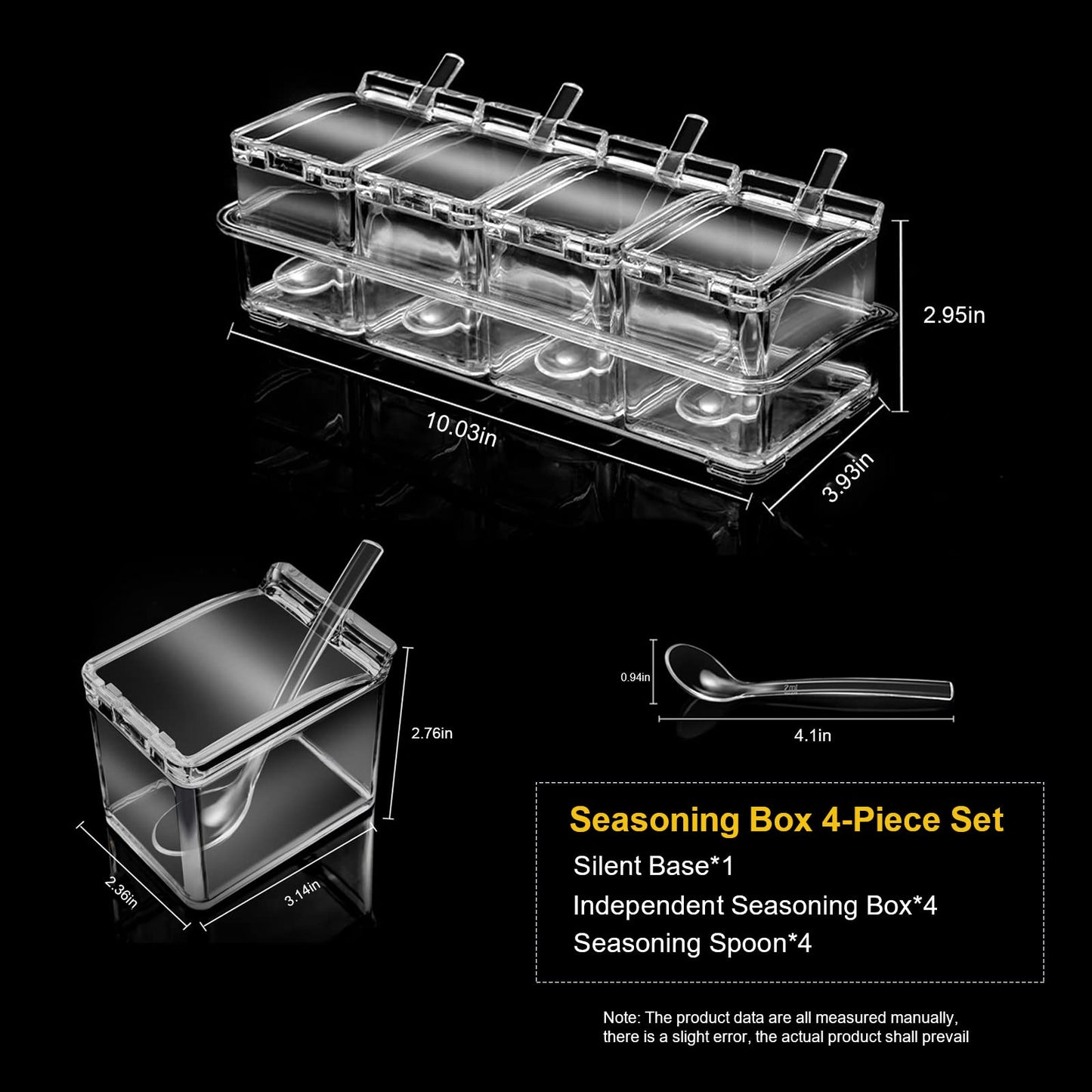 ZGWJ Acrylic Kitchen Spice Pots, 4 Piece Clear Seasoning Box Set, Storage Container Condiment Jars for Spice Salt Sugar Cruet, Seasoning Rack Spice Pots with Cover and Spoon