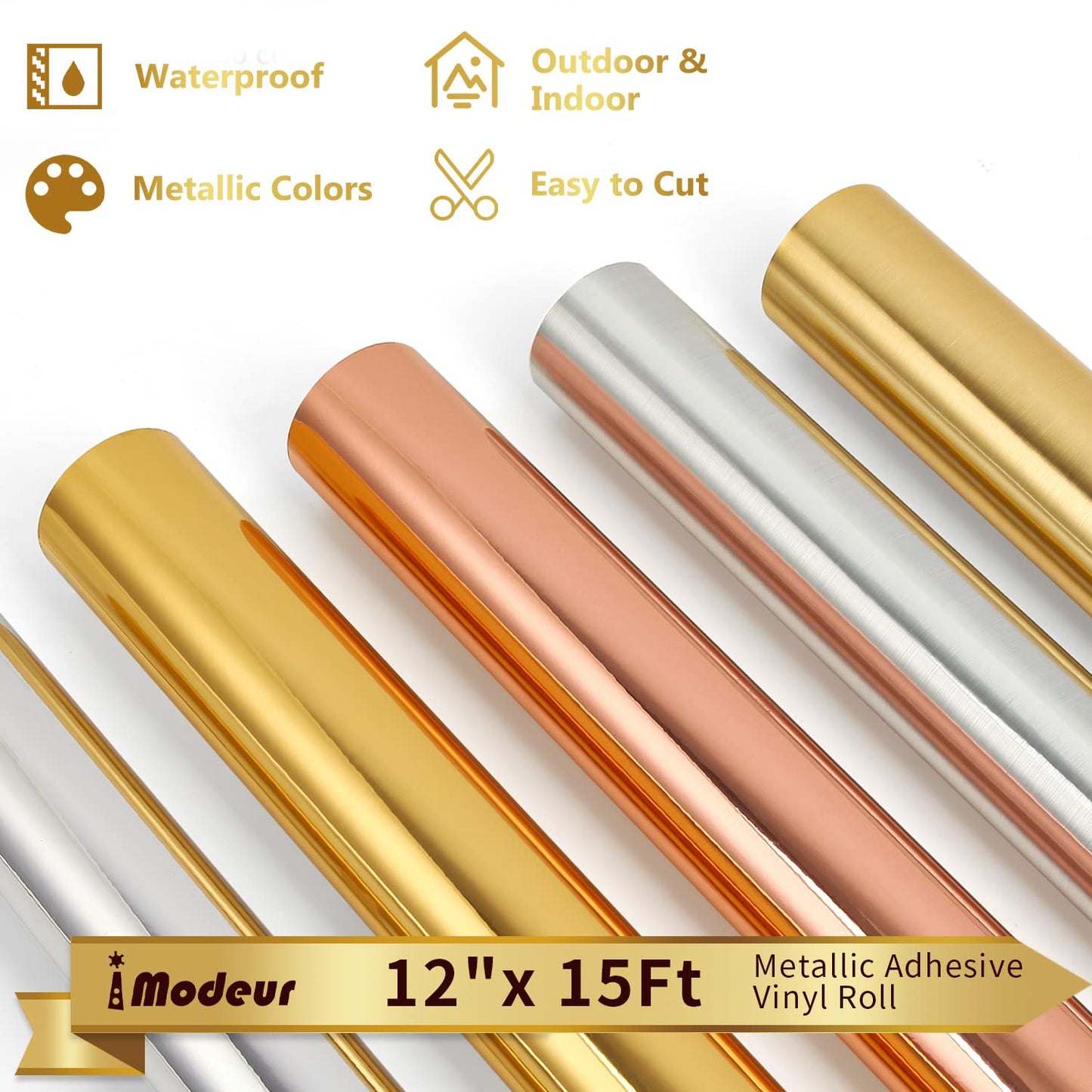 IModeur Metallic Permanent Vinyl Roll, 12" x 15Ft(30.5cm x 4.58m) Glossy Gold Permanent Vinyl for Cricut, Self Adhesive Vinyl for DIY Gifts, Birthday Party, Christmas Decoration