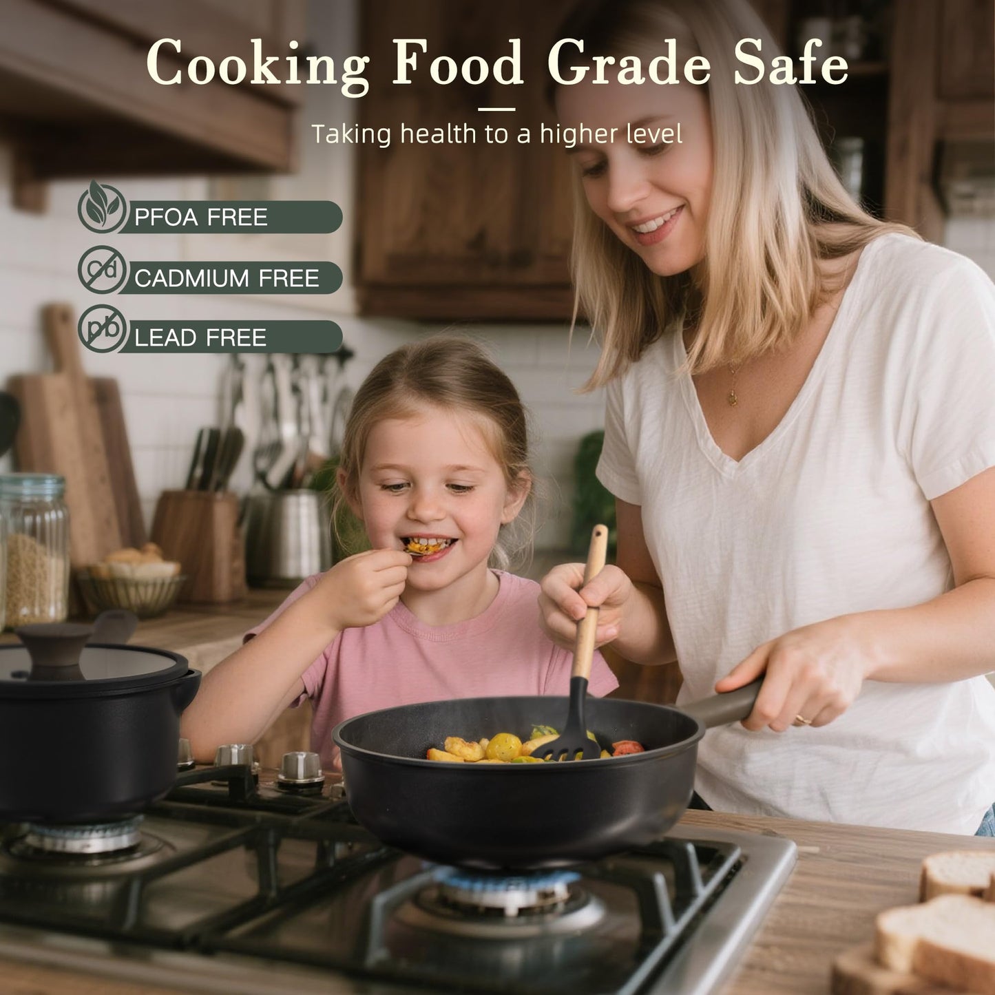 Astercook 19 Pcs Pots and Pans Set Non Stick, Black Titanium Induction Kitchen Cookware Sets, Non toxic Healthy Kitchen Cooking Set with Frying Pans Set, PFAS PTFE PFOA PFOS Free, Mothers Day Gifts