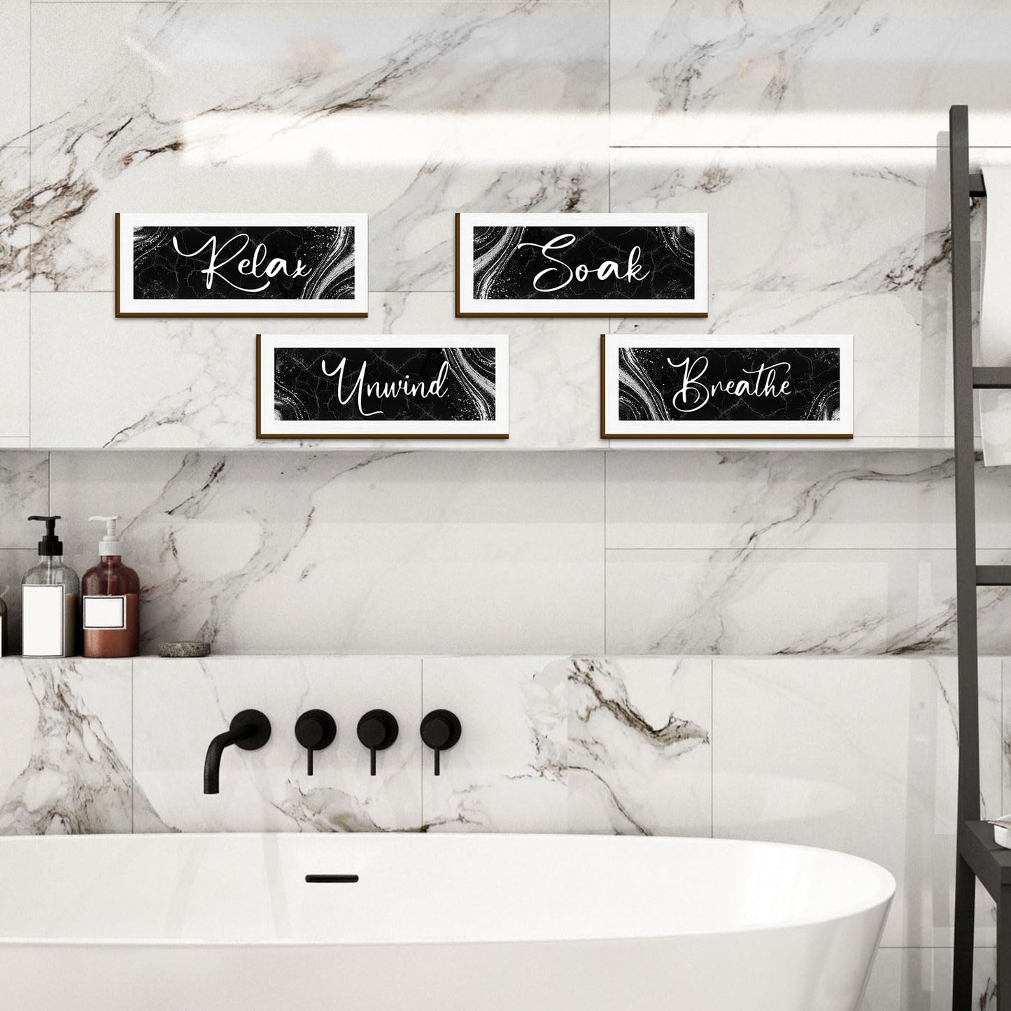 Bathroom Wall Decor 4 Pieces - Modern Marble Relax Soak Unwind Breathe Signs - Elegant Spa Bathroom Wall Art - Minimalist Wooden Plaque Set for Bathtub Home Decor Housewarming Gift