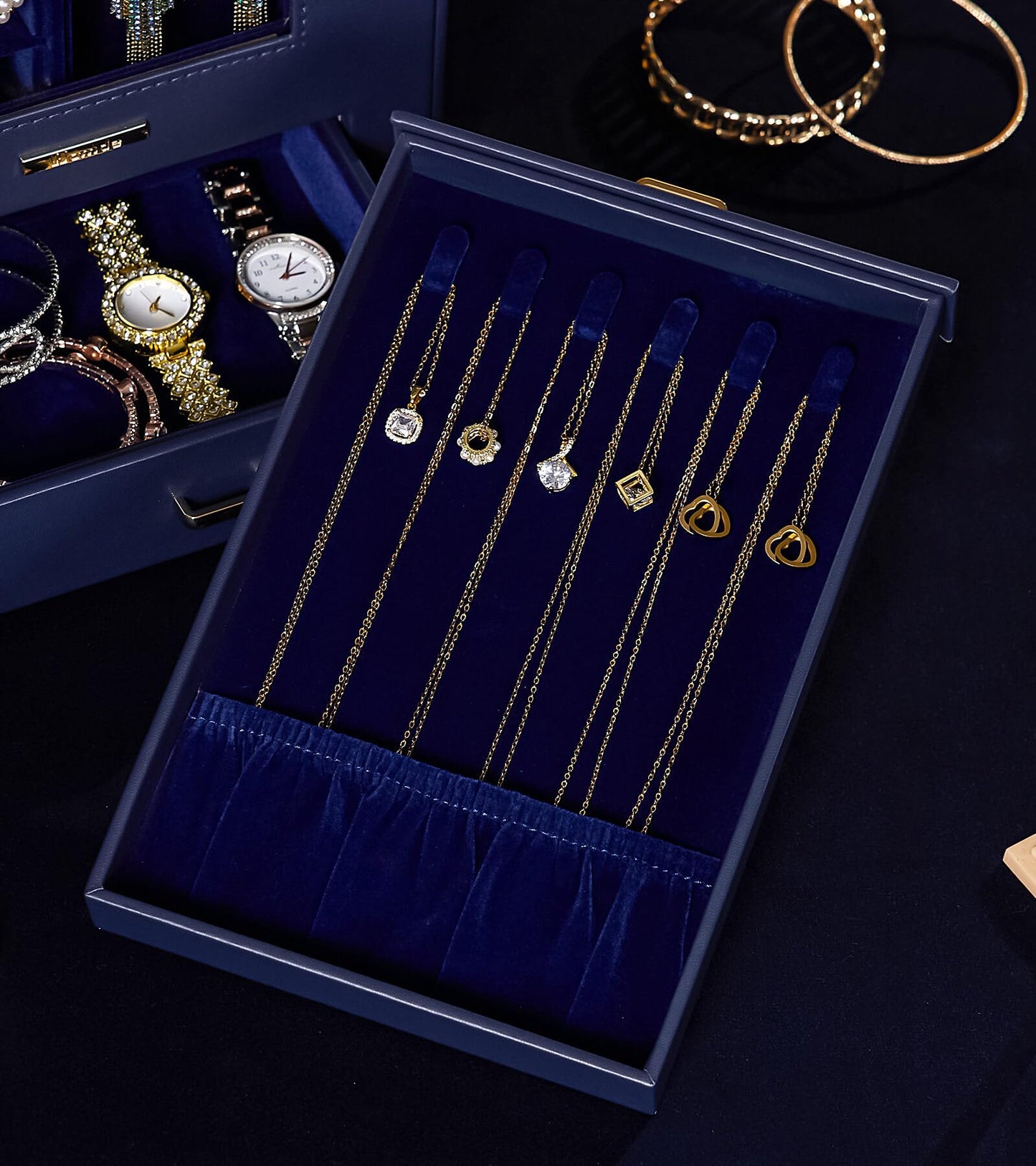 Homde Jewelry Organizer with Transparent Window Necklace Hooks Gift for Women Jewelry Box Display Case for Necklaces Rings Earrings Bracelets and Other Accessories (Dark Blue)