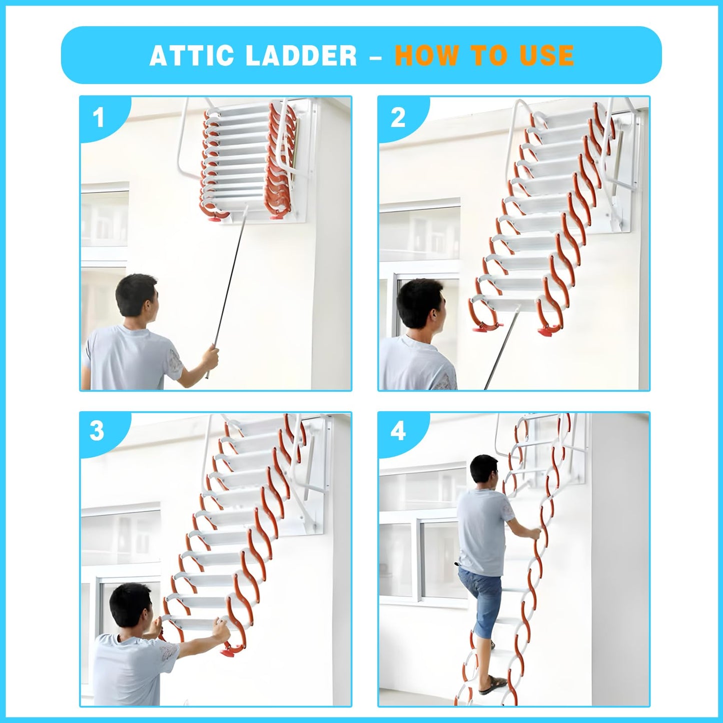 12 Steps Wall-Mounted Attic Ladder, Attic Pull Down System, Retractable Ladders for Loft, Metal Folding Attic Ladder Telescoping Steps, Pull Down Stairs for Attics Garages Roofs (White, 12 Step)