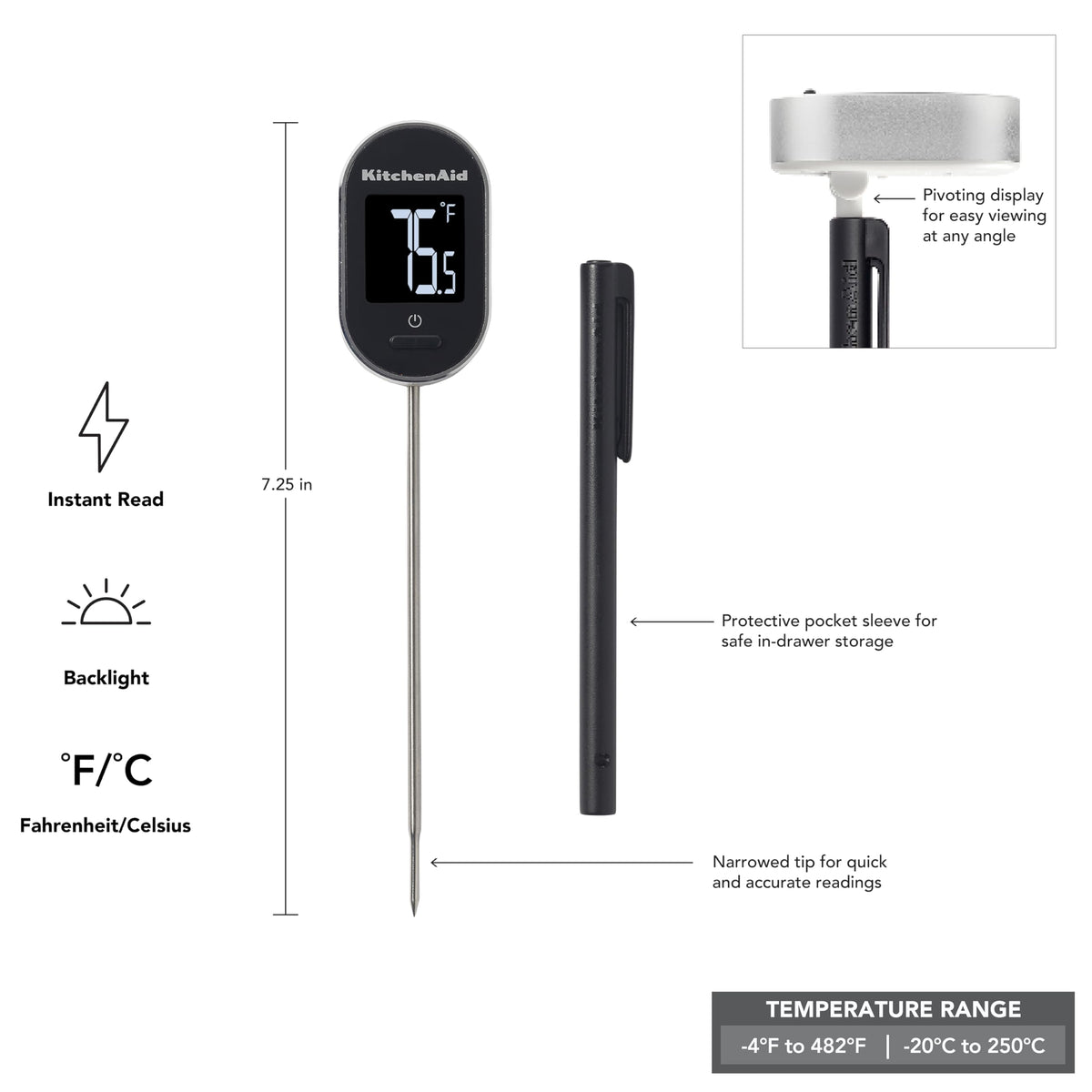 KitchenAid KQ904 Digital Instant Read Kitchen and Food Thermometer, TEMPERATURE RANGE: -40F to 482F, Black