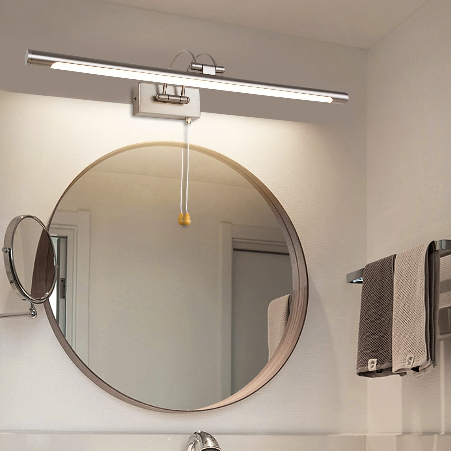 MantoLite 60CM LED Bathroom Wall Lights with Pull Cord Swivel Lamp Head Long Silver Wall Lights for Pictures,Frames&Art Painting IP44 Over Mirror Lamp for Shaving 12W