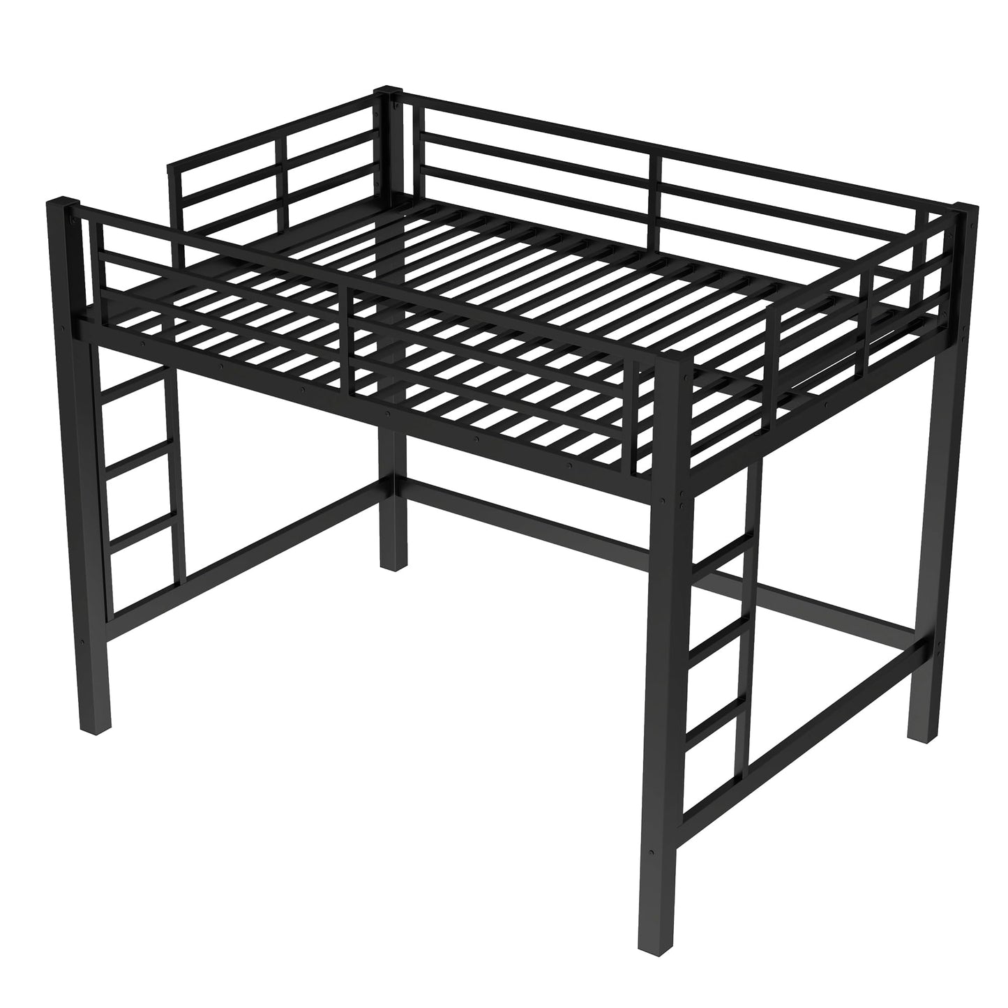Bellemave Full Size Metal Loft Bed Frame with 2 Ladders, High Guardrail & Sturdy Iron Construction, Space-Saving Adult Loft Bed for Dorms, Safe for Kids, Teens, No Box Spring Needed, Black