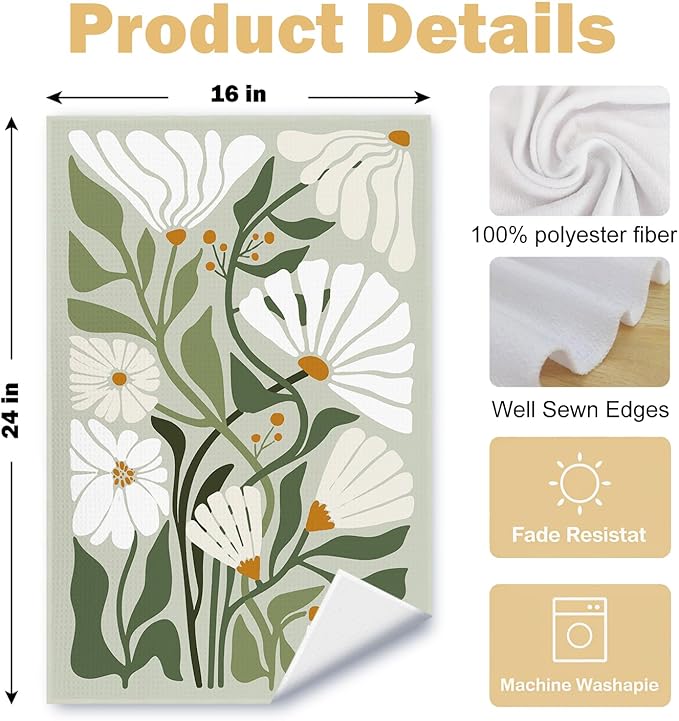 Abstract Boho Sage Green Floral Kitchen Towels Set of 2, 70s Retro Groovy Boho