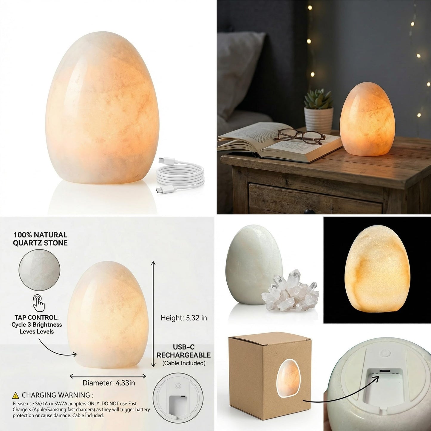 Lierlava 100% Natural Quartz Stone Tap Lamp, 2.4lbs Heavy Cordless Table Lamp, 8mm Translucent Zen Ambient Night Light, 3-Way Dimmable Tap-Activated Battery Operated Nightstand Decor, White